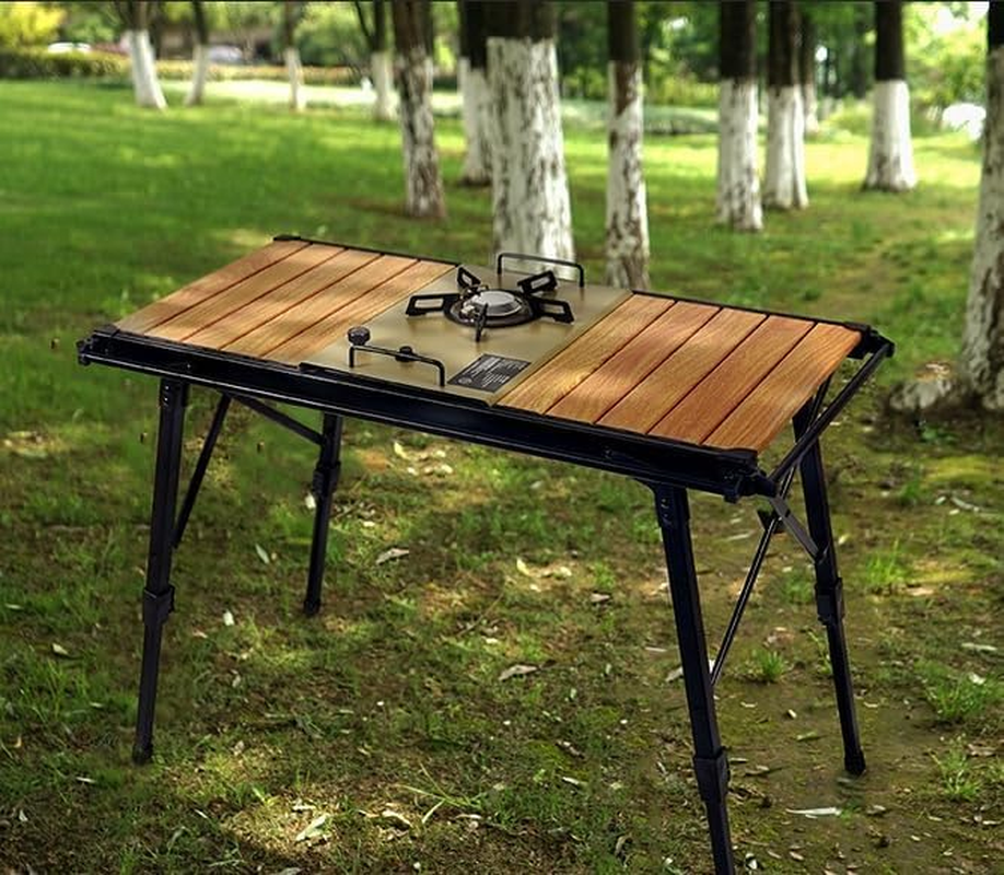 Portable Camping Table with Rolled Top Aluminum Design, Height Adjustable, 89 X 45 X 43, Wood Grain Effect, Stove Not Included image number 3