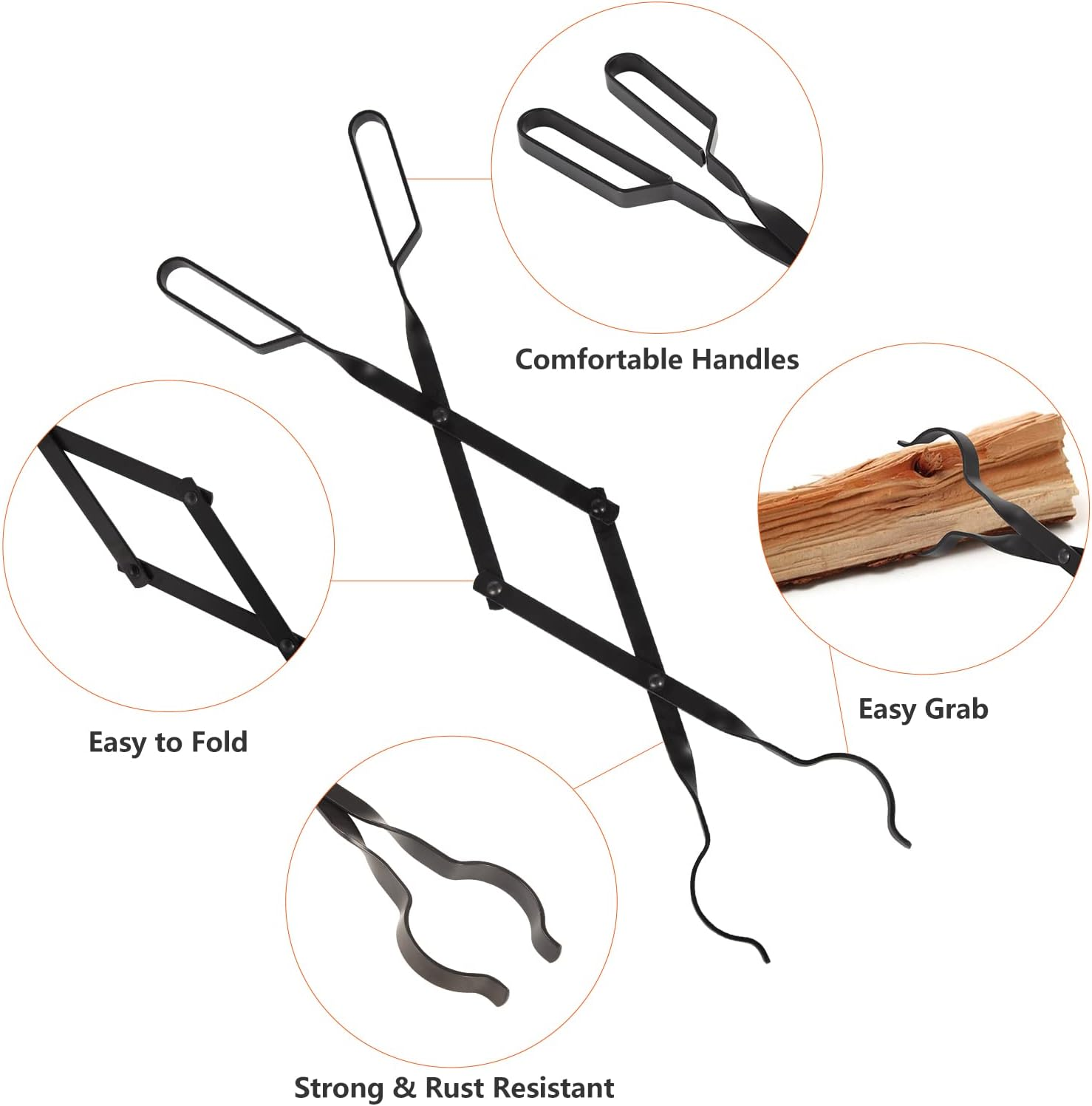 Heavy Duty 32&rdquo; Long Fireplace Fire Pit Campfire Poker Stick and 26&rdquo; Fireplace Tongs Tool Sets, Log Grabber, Rust Resistant Black Finish Camping Fireplace Tools for Indoor/Outdoor