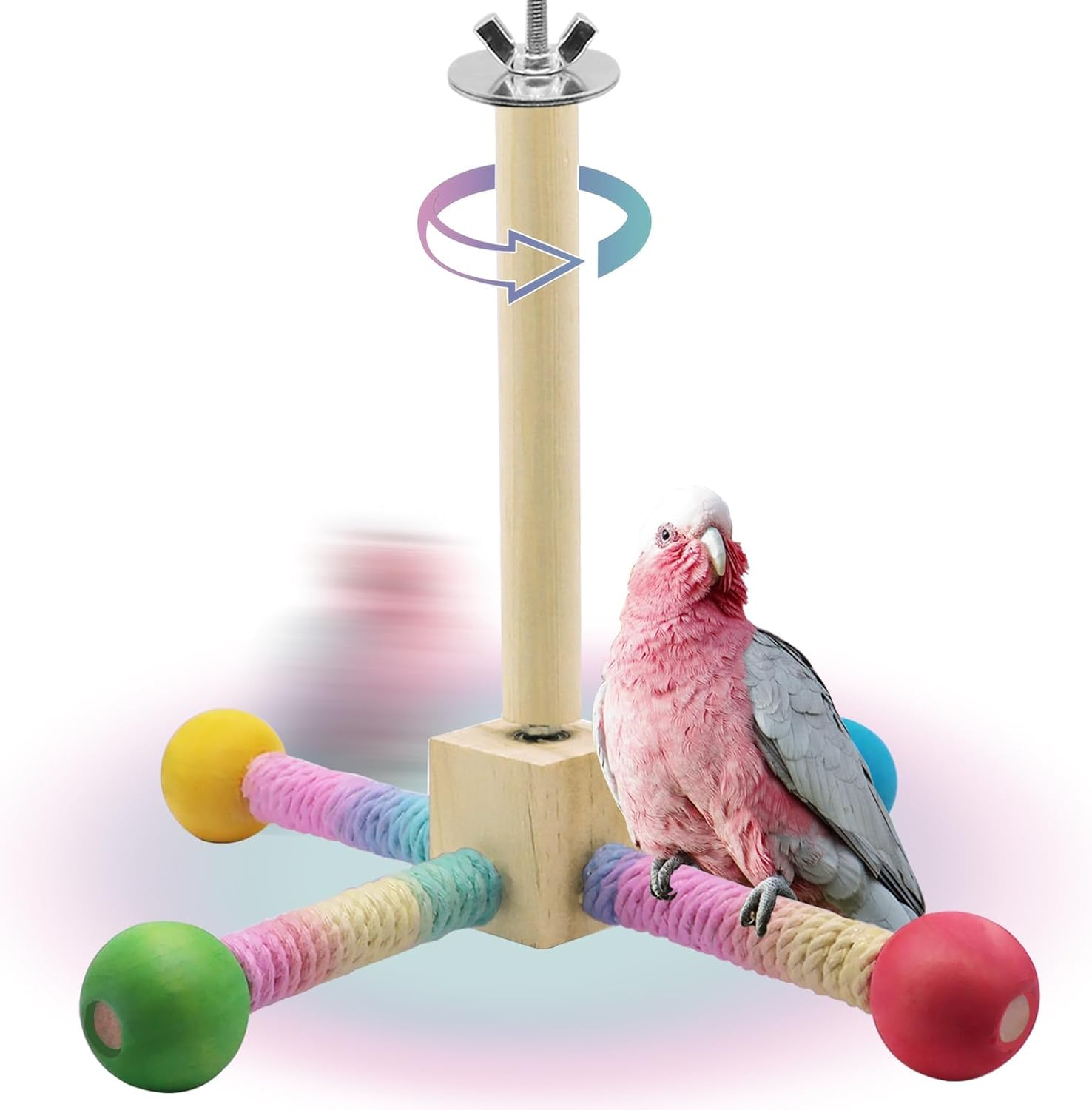 Bird Cage Perch Stand with Interactive Rotating Wheel Toy, Wooden Exercise Toy for Parakeets, Cockatiels, Small and Medium Parrots (Bird Cage with Toy) image number 1