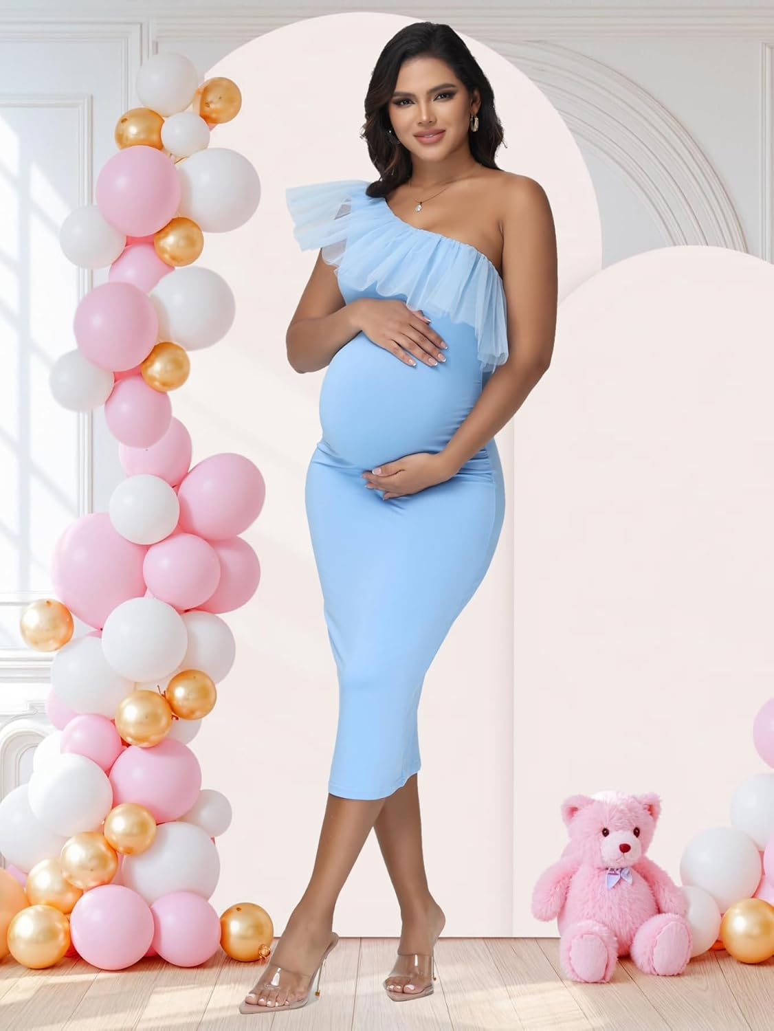 Justvh Women'S Maternity One Shoulder Mesh Collar Baby Shower Midi Dress for Photoshoot Party Bodycon Dress image number 5