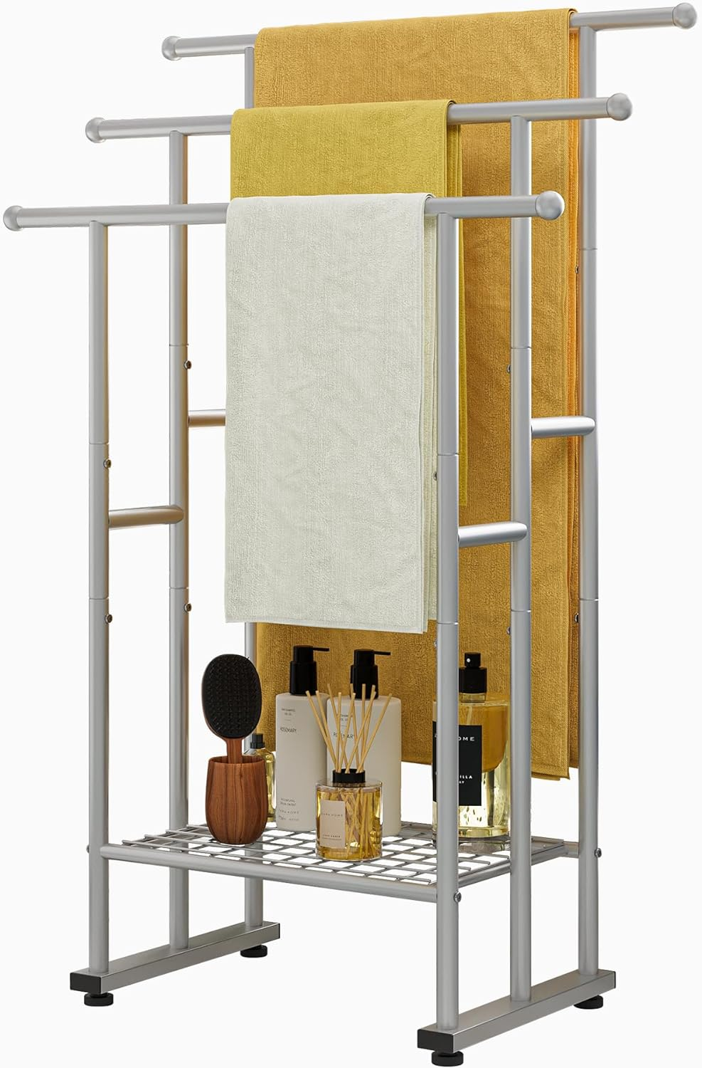 Tall Free Standing Towel Racks for Bathroom Towel Rack Stand with Storage Basket,3 Tiers Floor Bath Towel Holder,Anti-Rust Chrome Ladder Towel Bar,Silver