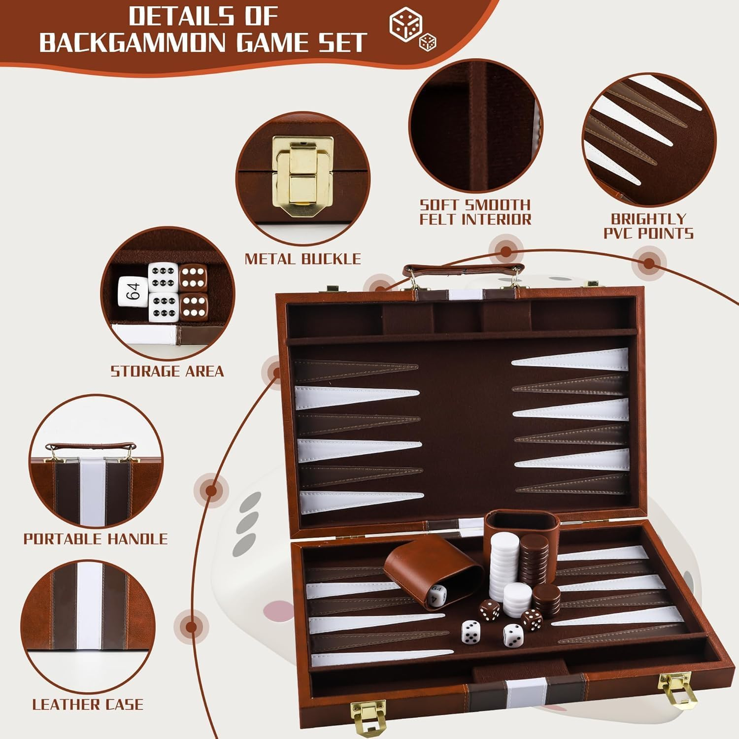 Backgammon Set, 38 CM Travel Backgammon Set with Premium Leather Case(Adults and Kids with Strategy & Guide)-Brown image number 1