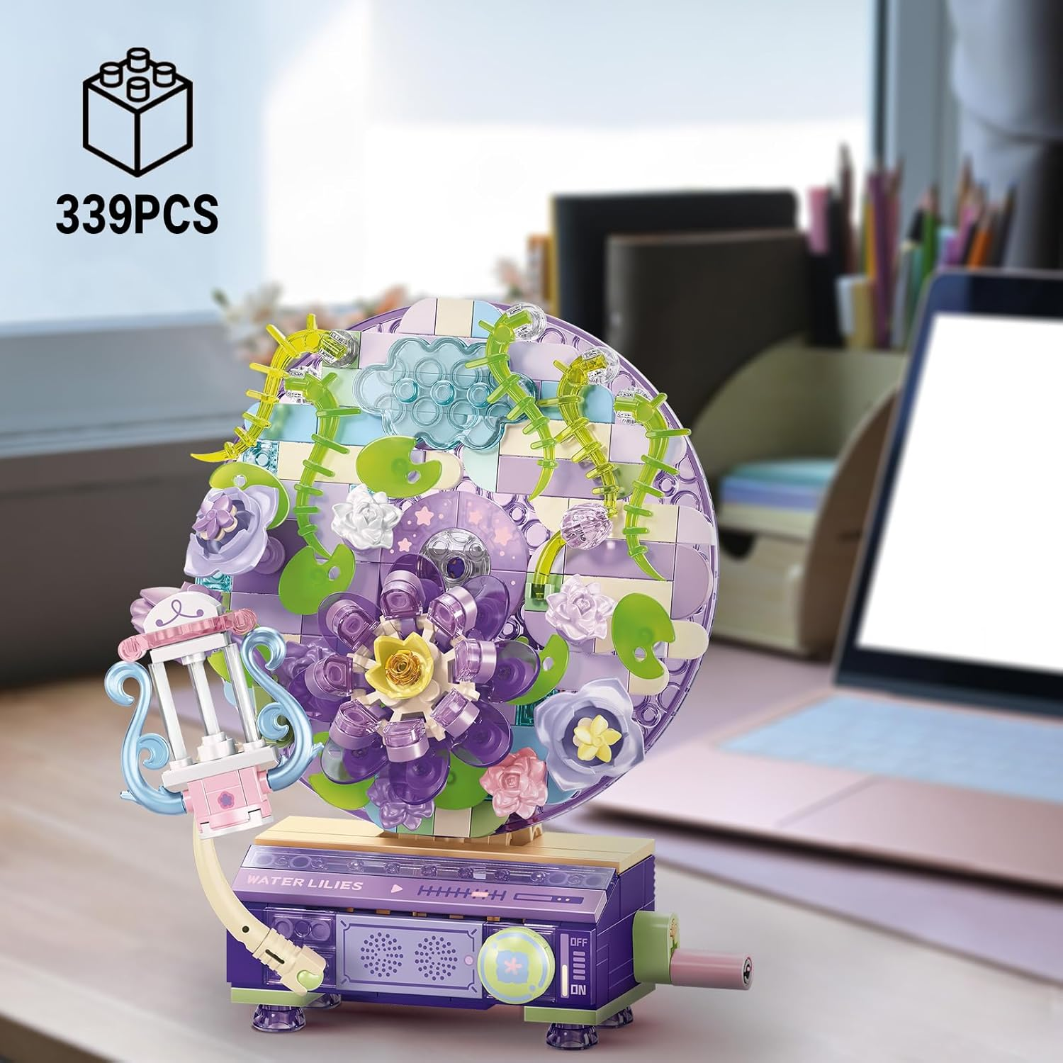 Music Box Botanical Collection Building Block Set,Artificial Flowers Record Player,Water Lilies,Best Gift on Chrismas,Valentine'S Day,Diy Stem Toy for Boys & Girls 6+(367 Pcs) image number 6