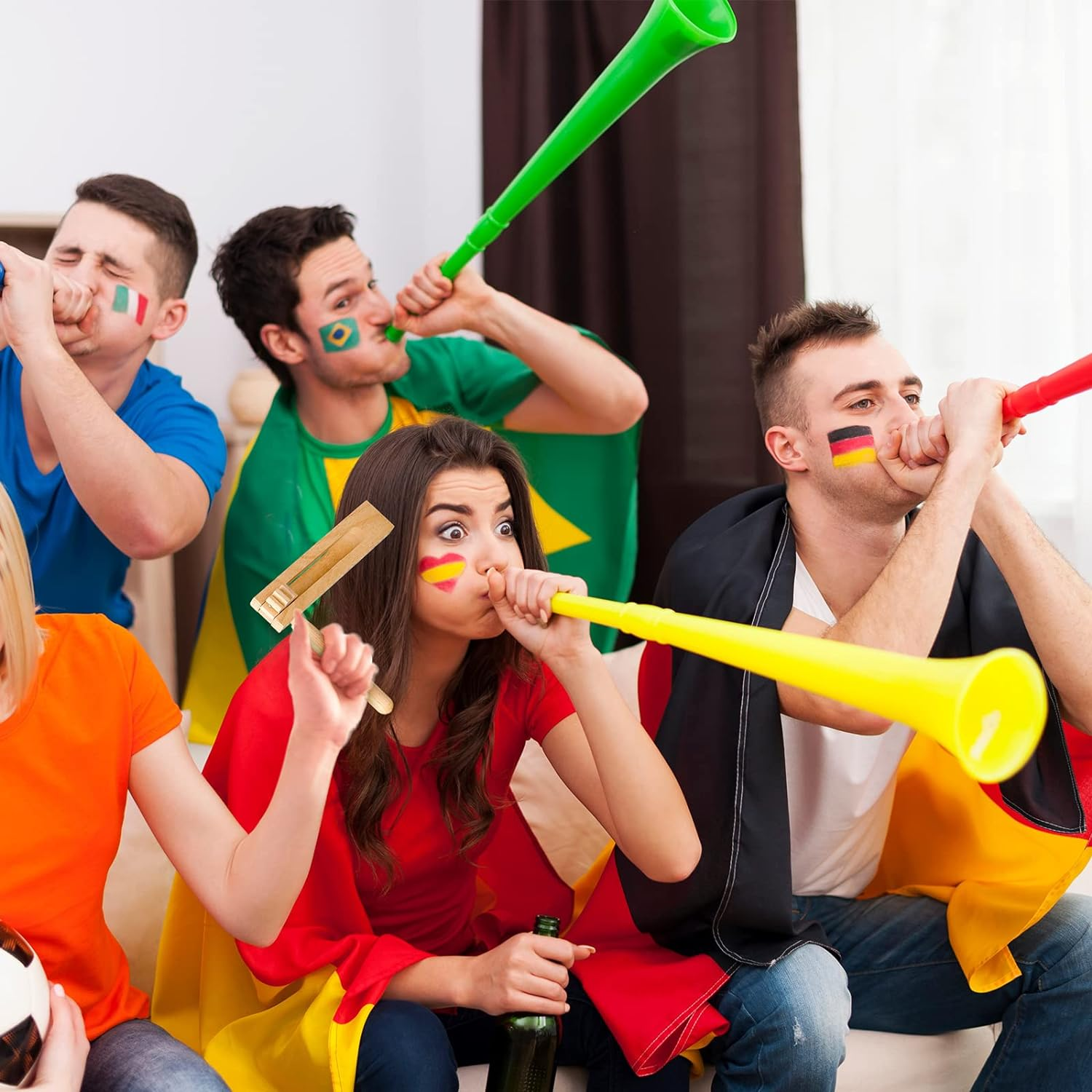 Outus 8 Pcs Noise Makers Includes 4 Pcs Matracas Wooden Ratchet Noise Maker 4 Pcs Vuvuzela Air Horn Collapsible Plastic Blow Horn Stadium Horn for Sporting Events Party Favor image number 4