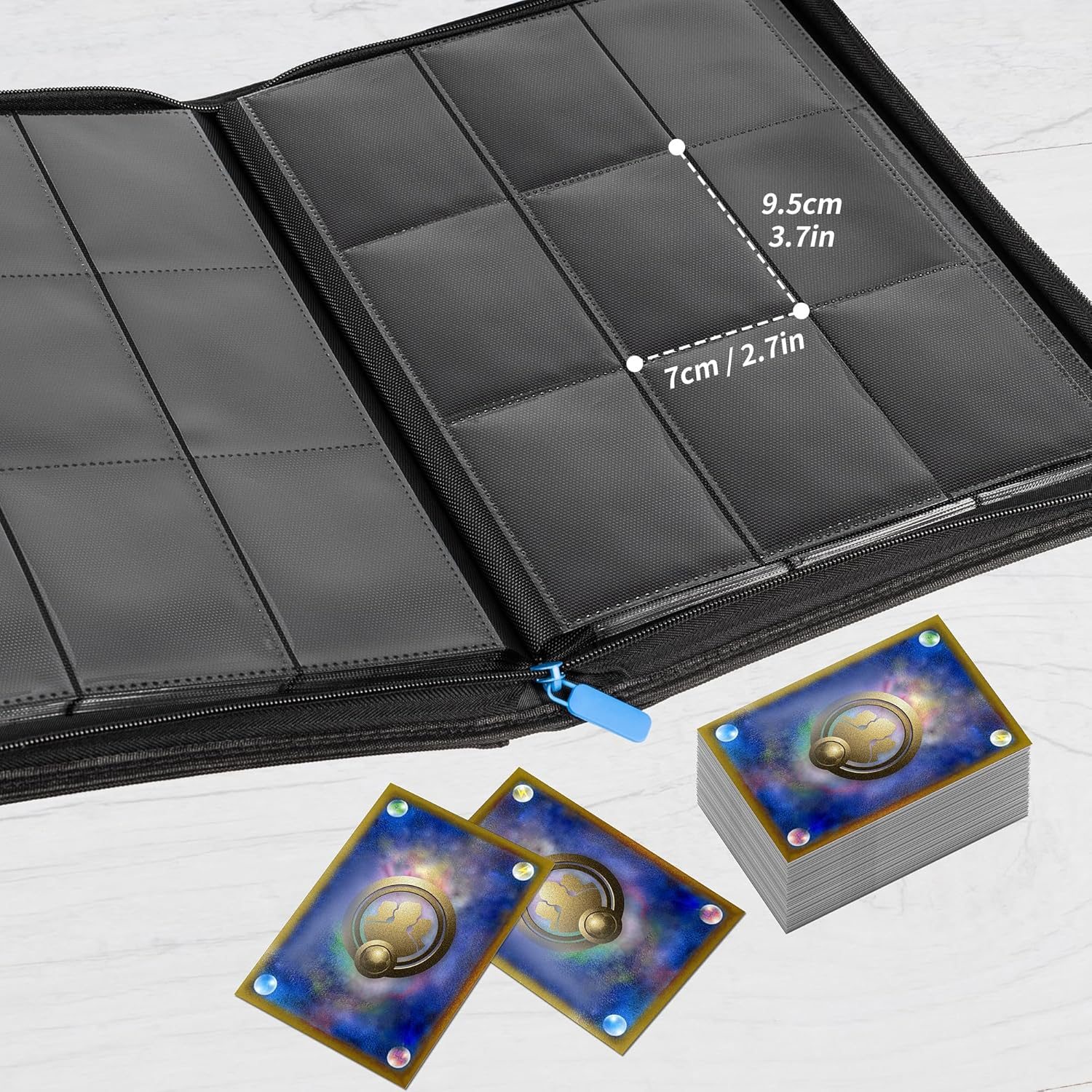 Premium Zipper Trading Card Binder Compatible with Sport Card, 9 Pocket 540 Side-Loading Slots Card Album Holder, Ringless Game Trading Card Protective Organize Folder, BLACK
