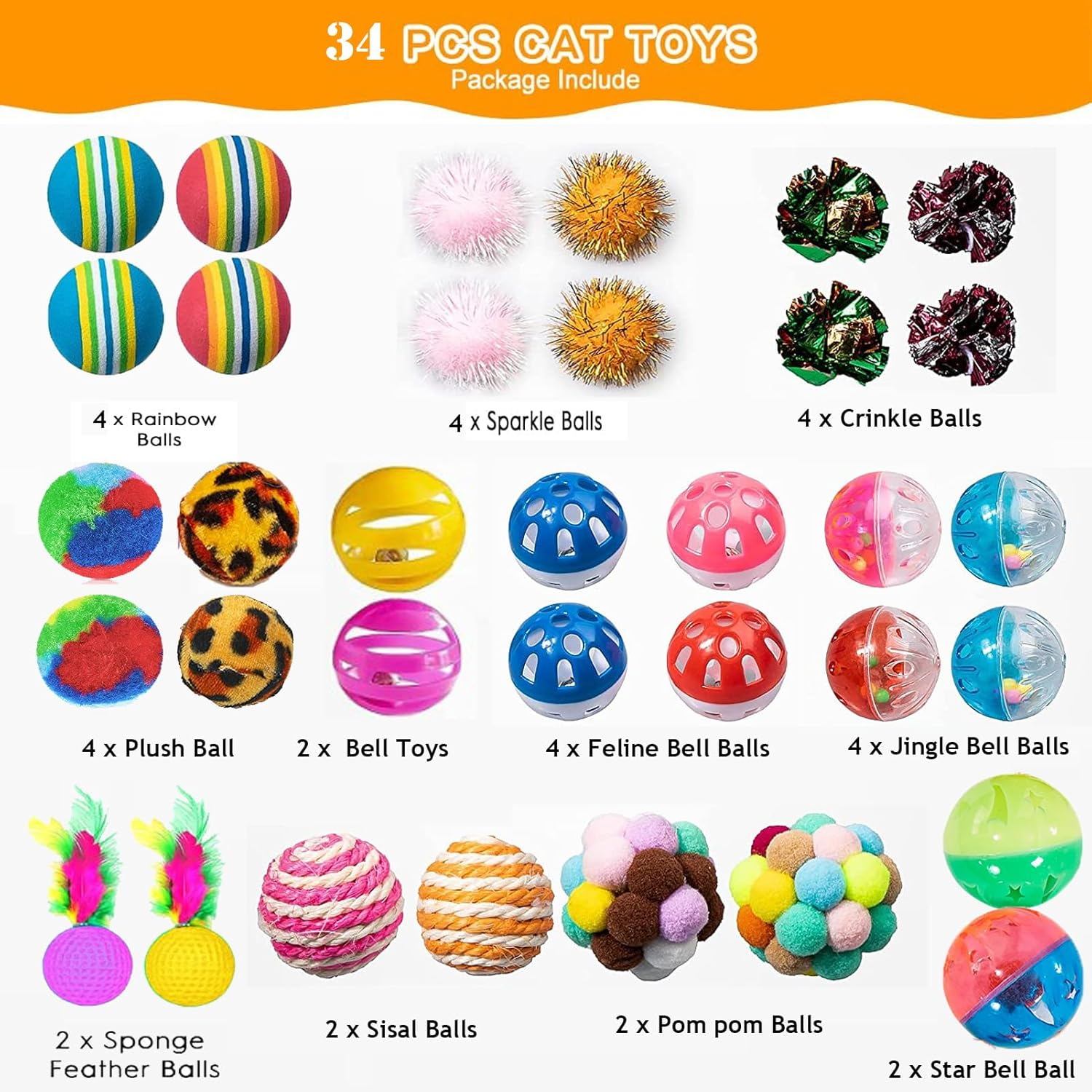Cat Toys, 34Pcs Kitten Chew and Chase Toys Set - Indoor Cat Toys Including Rainbow Foam, Crinkle, Furry Pompom, and Sisal Balls for Kitty Pet image number 5