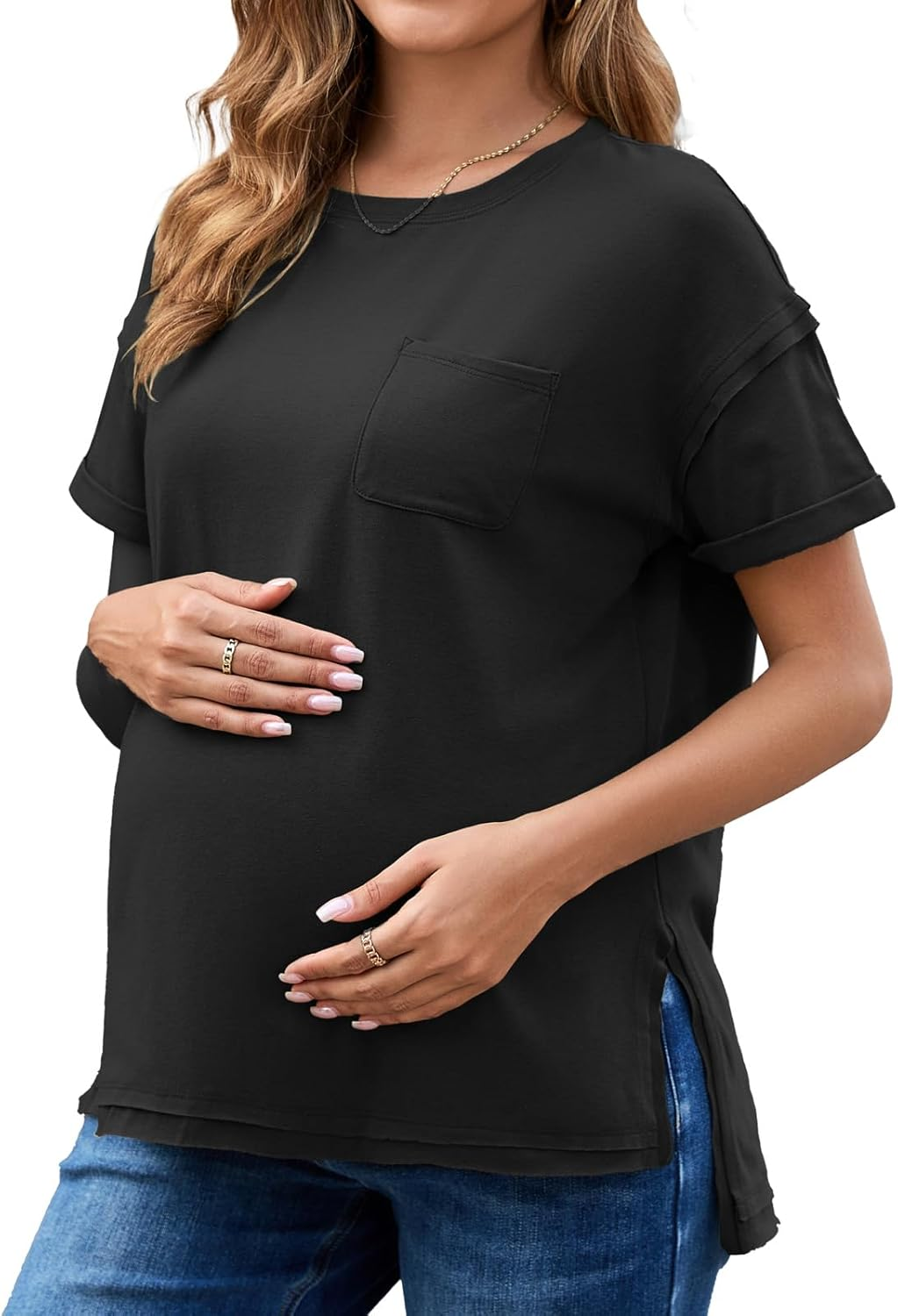 Ecavus Women'S Maternity T-Shirt Oversized Short Sleeve Loose Fit Cotton Blend Pregnancy Top Casual Wear