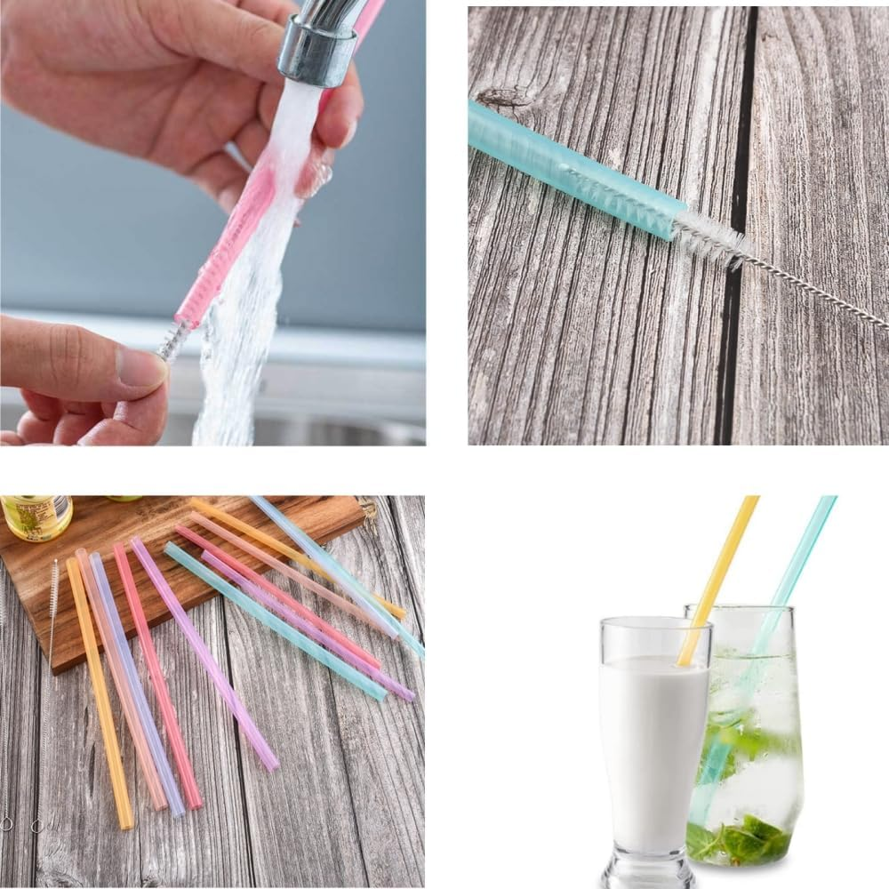 12 PCS Reusable Silicone Straws with 2 PCS Cleaning Brushes, 9 Inches Long 8Mm/6Mm Wide Reusable Fat Silicone Straw for Kids Long Straws for Smoothie Milkshake Cocktail Hot Drinks
