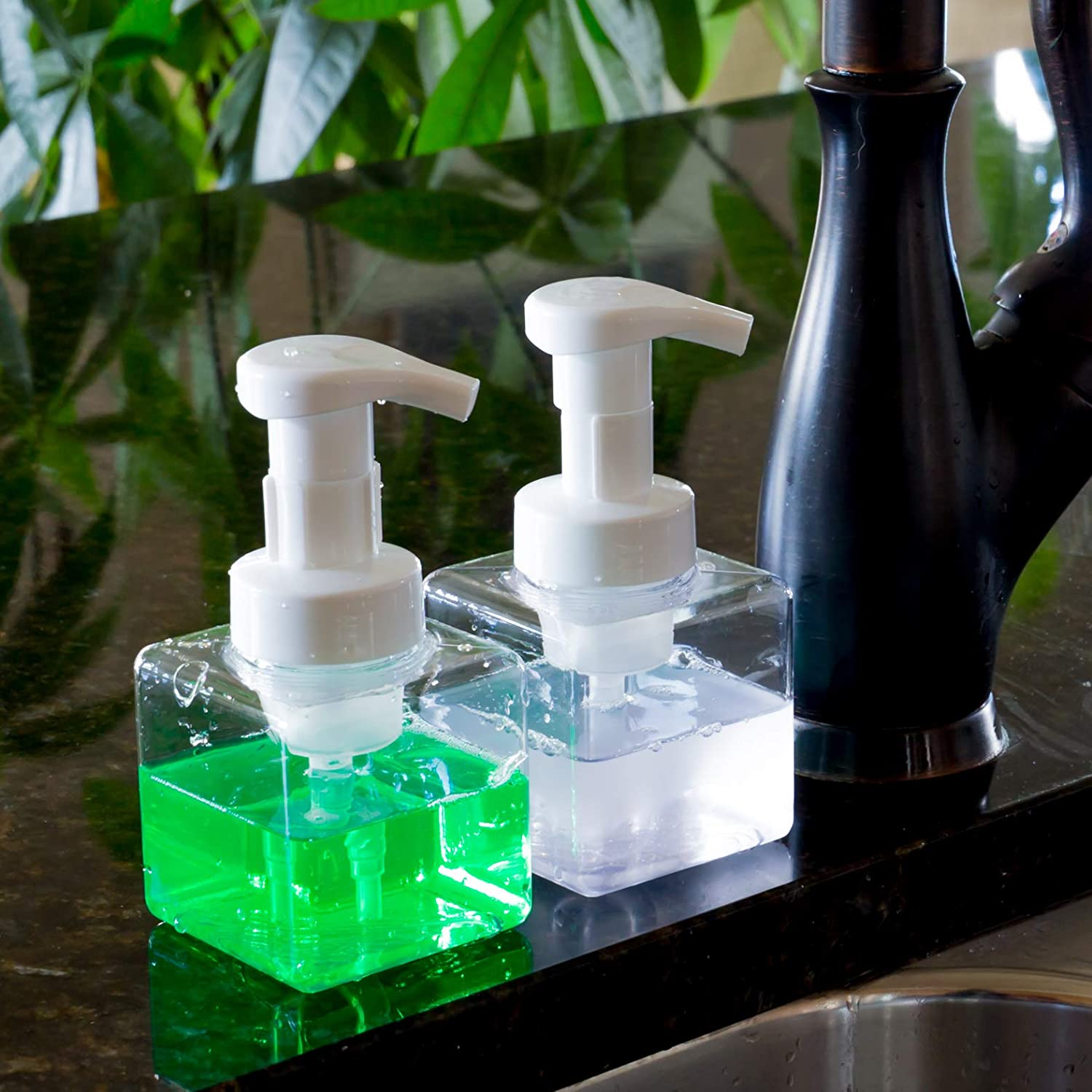 Youngever 5 Pack Clear Plastic Square Pump Bottles, Plastic Foaming Soap Dispenser, Refillable Plastic Pump Bottles with Travel Lock (8 Ounce) image number 3