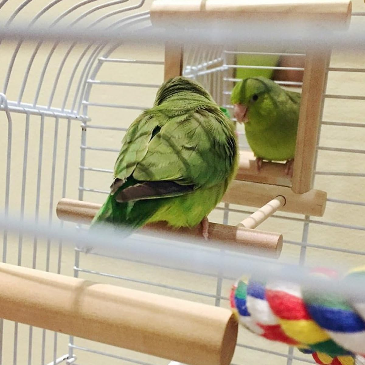 Wooden Bird Cage Mirror with Perch Stand, Interactive Parrot Mirror Toy for Small and Medium Birds, Durable Wood Frame, Ideal Birdcage Accessories for Parrots, Finches, and Budgies image number 3