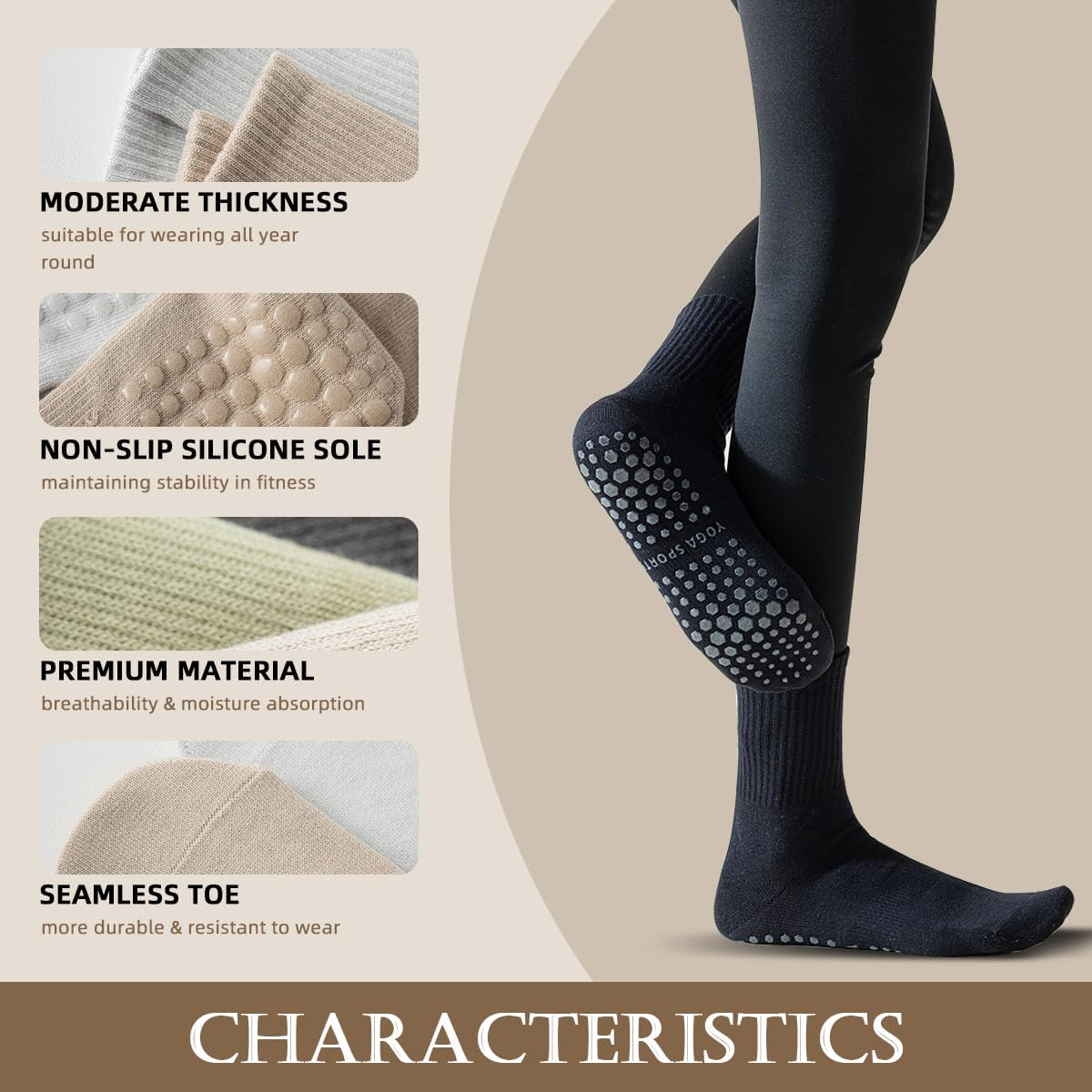 ZANZER Pilates Yoga Socks with Grips for Women,Non-Slip Reformer Yoga Pilates Grip Socks for Sport,Hospital,Ballet,Barre,Dance,Barefoot image number 5