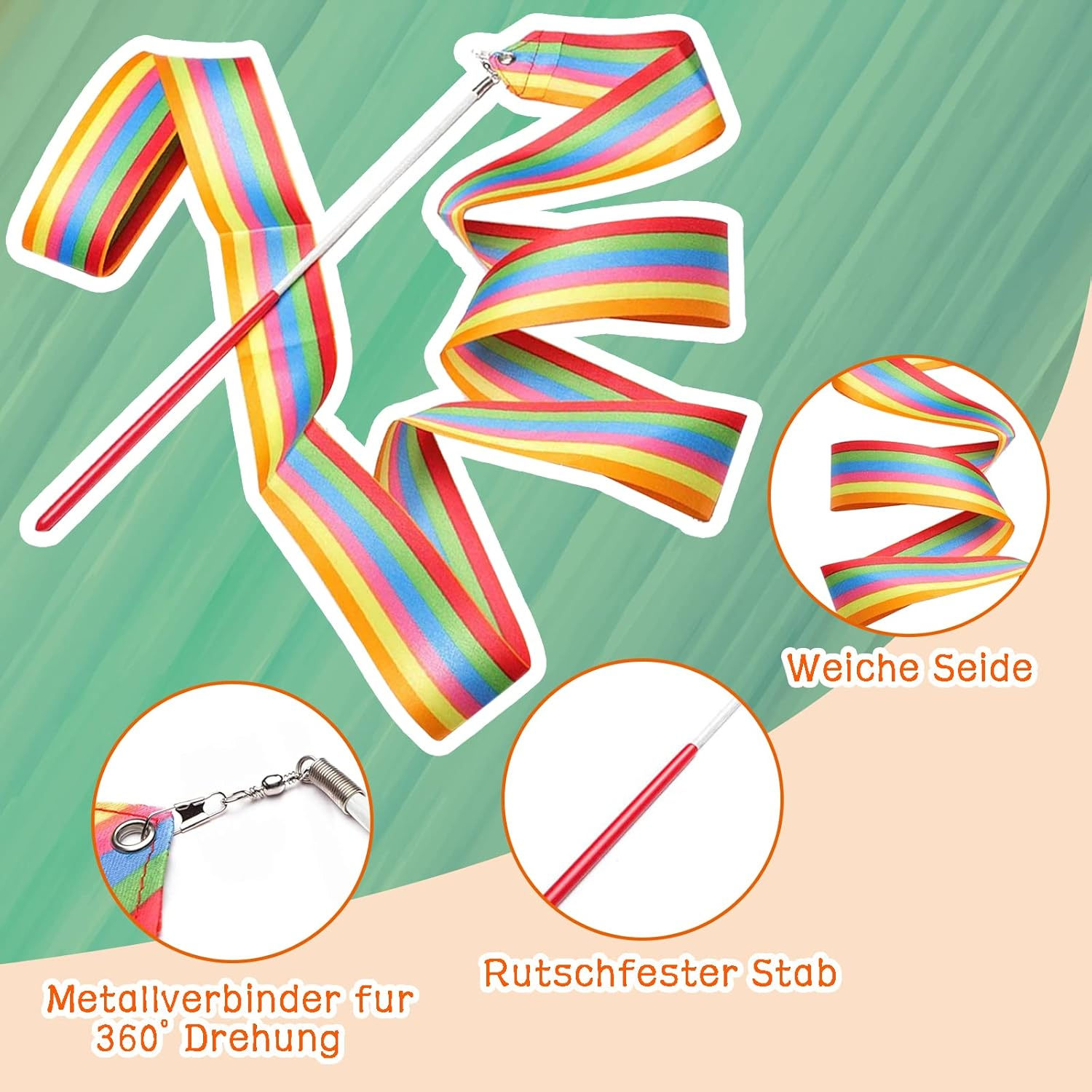 10 Pieces 2 Metre Art Gymnastics Rhythmic Band Swirling Baton Bar, Gym Dance Ribbon Wall Streamer and Stick for Children, Rainbow image number 6