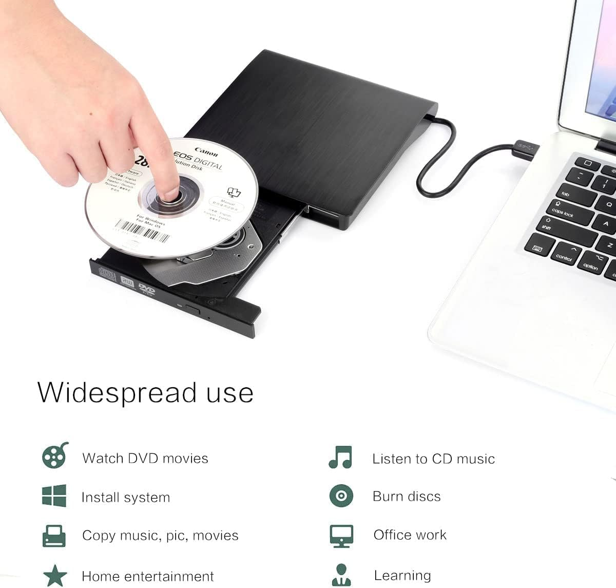 Intendvision External CD DVD Drive USB 3.0 Protable Slim DVD/CD ROM +/-RW Optical Drive Player Reader Writer Burner for Desktop Windows 7/8/10/Xp/Vista Laptop Computer PC (Black) image number 2