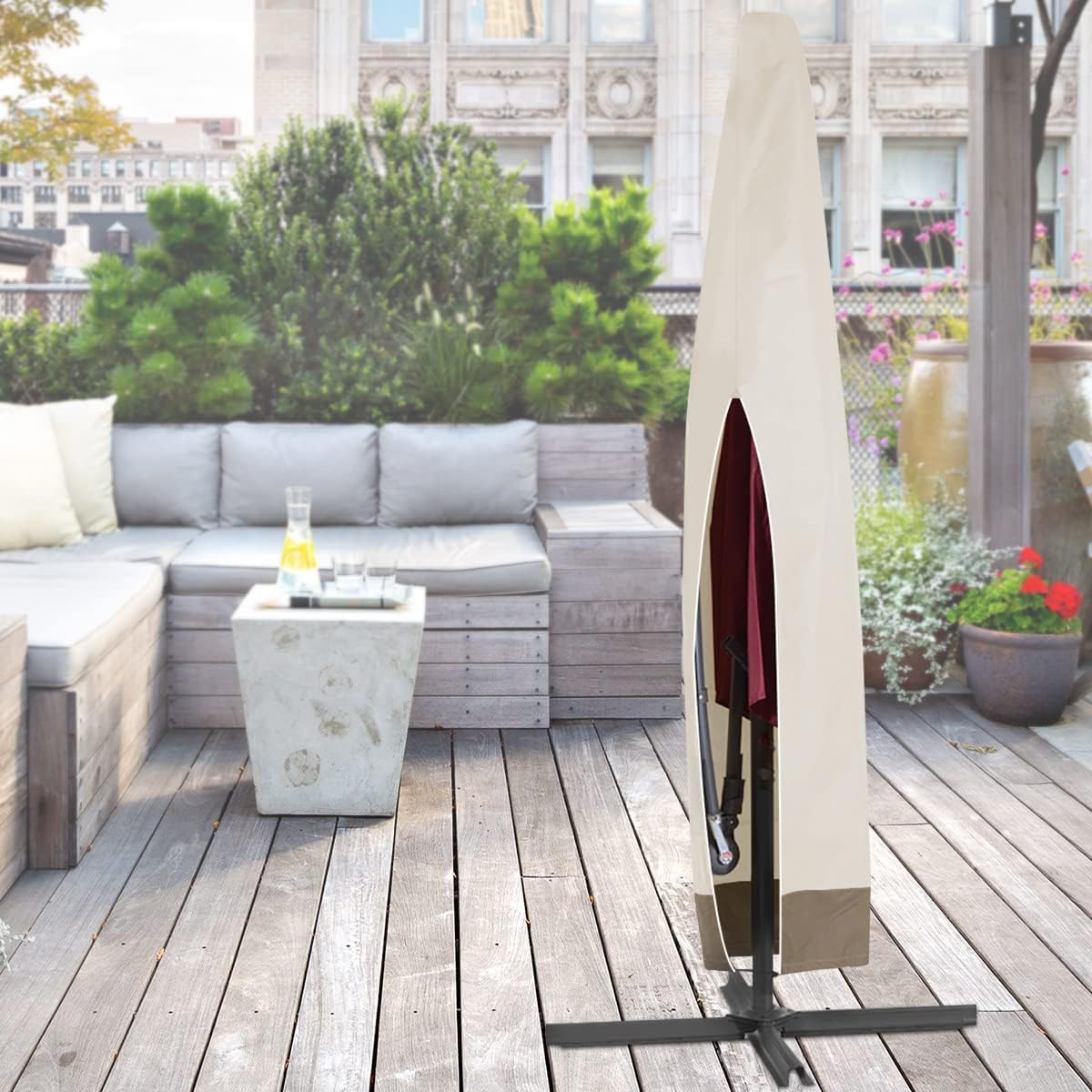 Patio Umbrella Cover Outdoor 600D Oxford Cloth Waterproof Umbrella Covers with Storage Bag Garden Parasol Cover with Drawstring for Outdoor Umbrellas (1, Beige+Coffee) image number 5