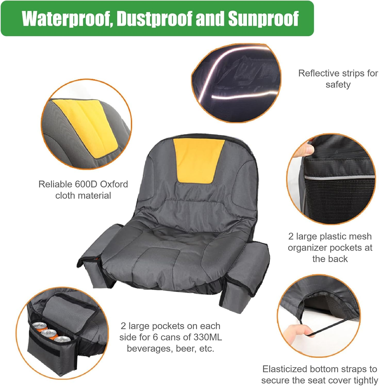 Jiawu Riding Lawn Mower Seat Covers, Universal Polyester Oxford Waterproof Tractor Seat Cover with Storage Bag Compatible with Kubota Lawnmowers without Armrests image number 6