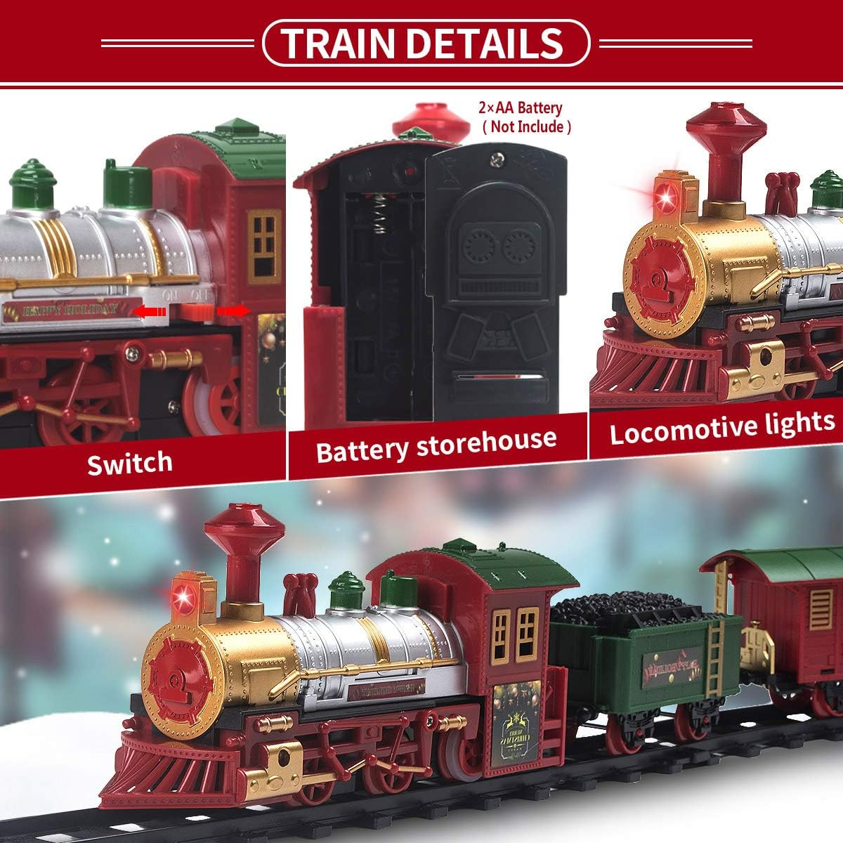 Classic Christmas Train Set with Lights and Sounds Railway Tracks Sets Battery Operated Train Toy Models with 11.5 Ft Tracks Playset for under the Tree Electronic Toys for Kids image number 6