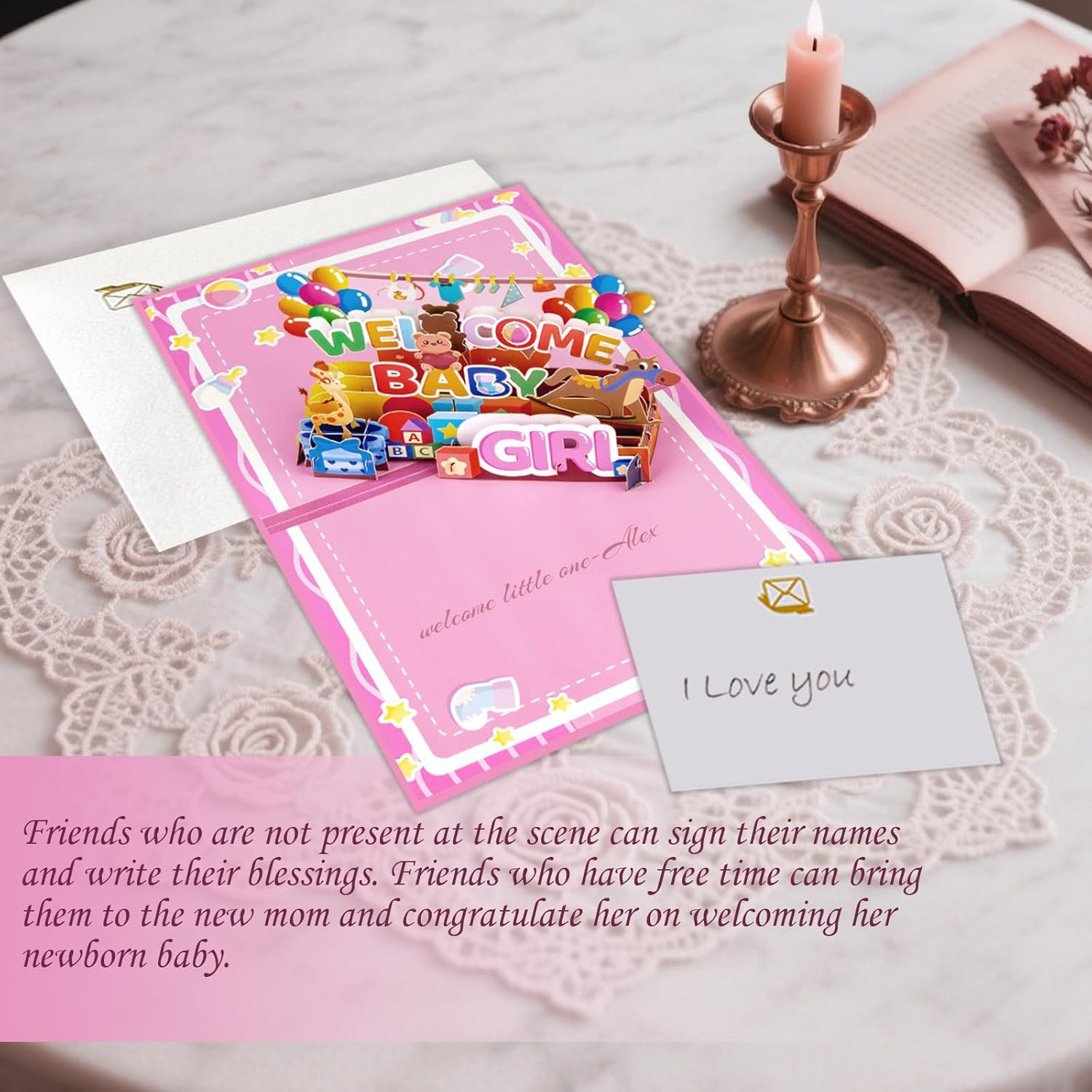 New Baby Girl Card - "Welcome Baby Girl" 3D Pop-Up Shower Card with Gifts & Animals, Pink Gender Reveal Greeting Card for Newborn - Includes Blessing Tag & Envelope (7.87"X5.91") - Baby Blue image number 3