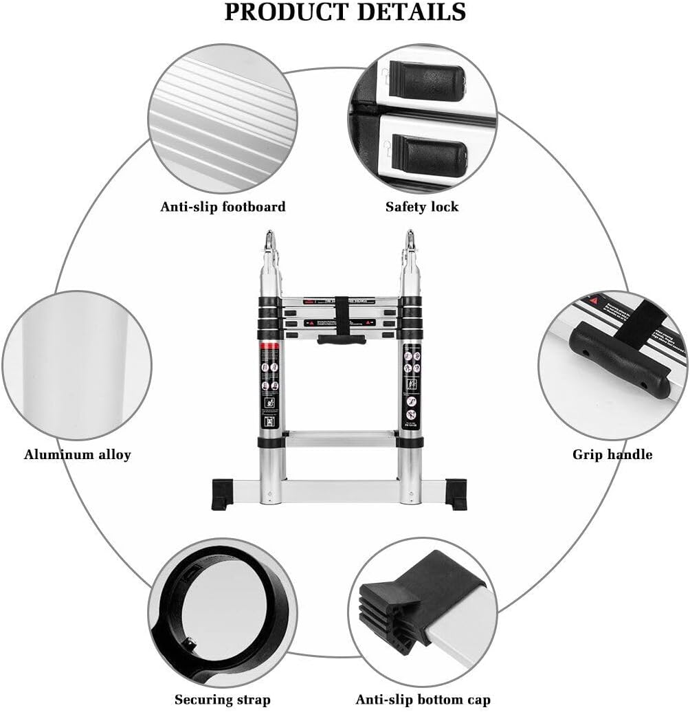3.2M/3.8M/4.4M/5.0M Multi-Purpose Telescopic Aluminum A-Frame Ladder, 330 Lbs Capacity, Lightweight, Durable, and Compact for Home and Work (4.4M) image number 4