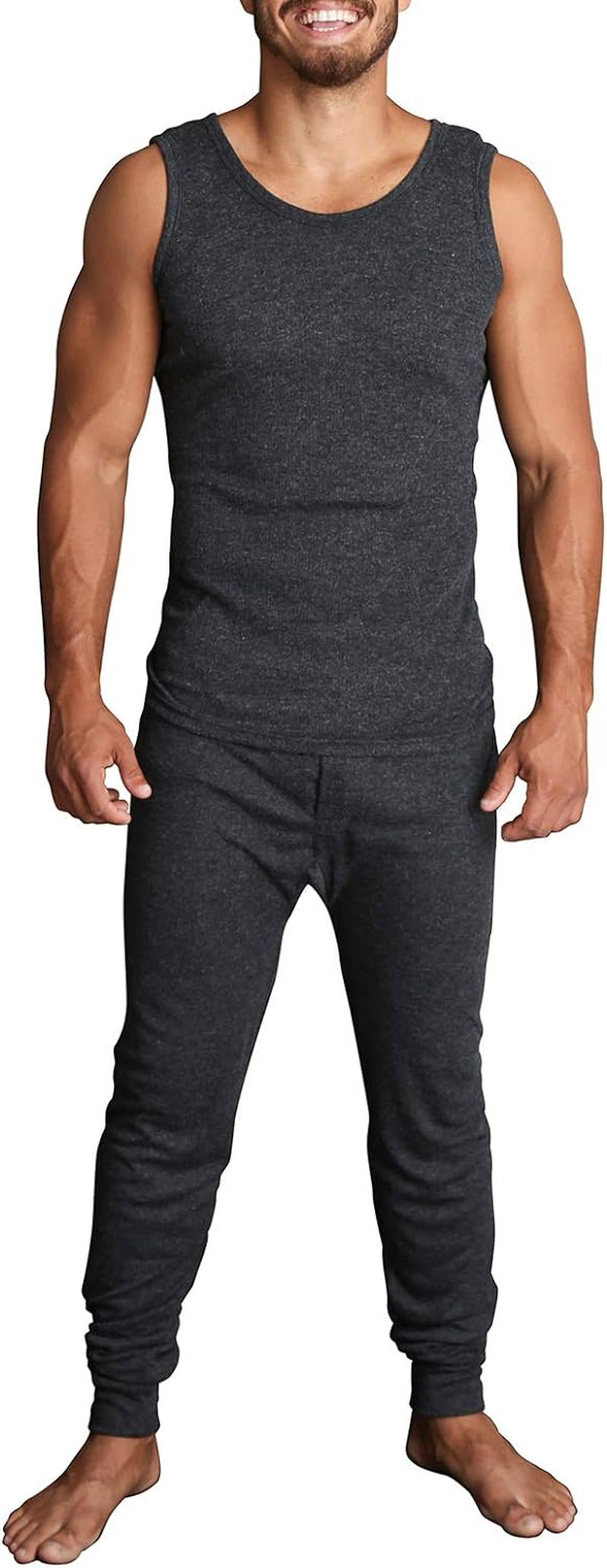 Men'S Merino Wool Blend Thermal Singlet and Pants Set, Black, Medium