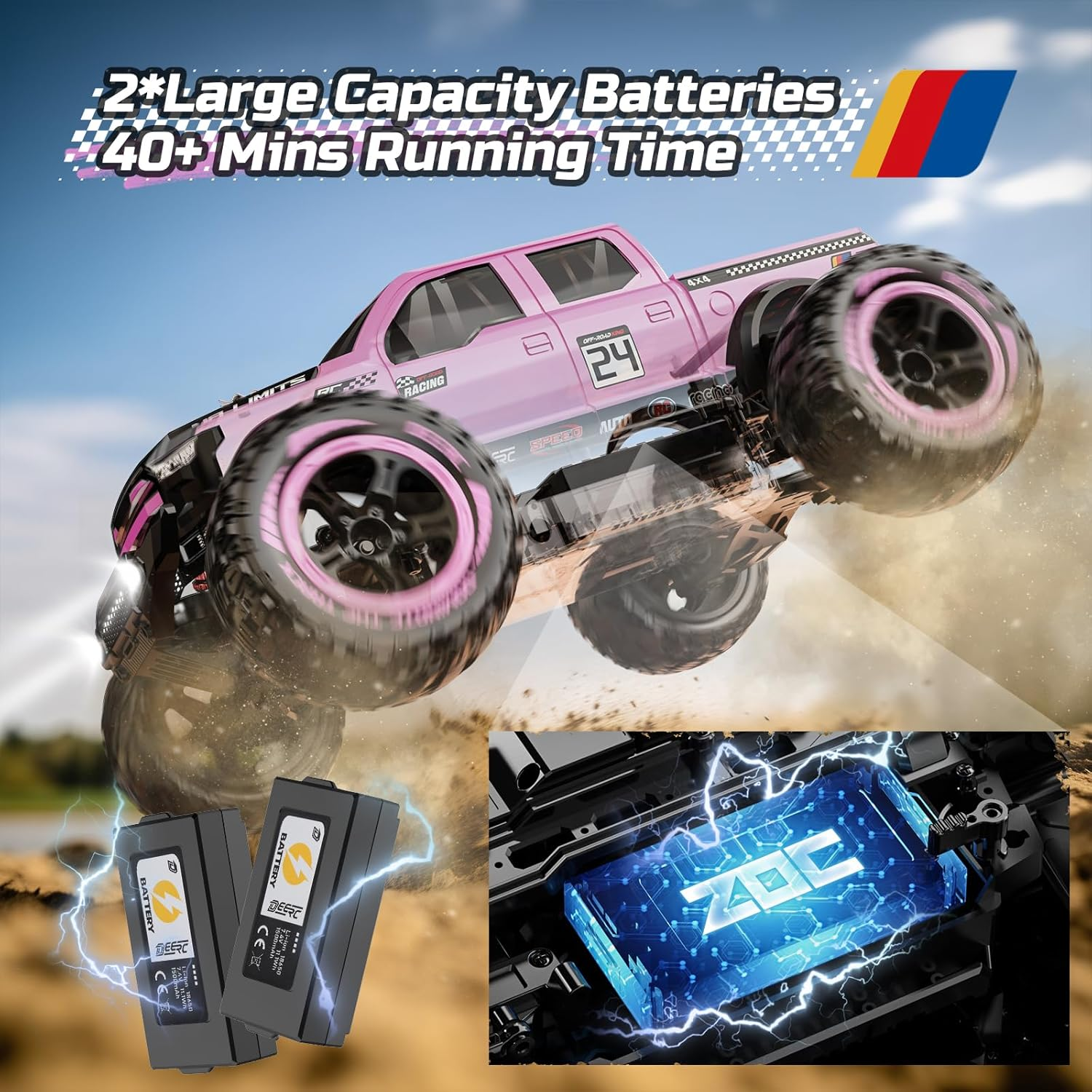 DEERC 1:10 Fast RC Cars for Adults, 4X4 High Speed RC Truck Crawler, 48+KM/H, Pink All Terrain Hobby Remote Control Monster Truck with 2 Modular Batteries, Toy Vehicle for Kids