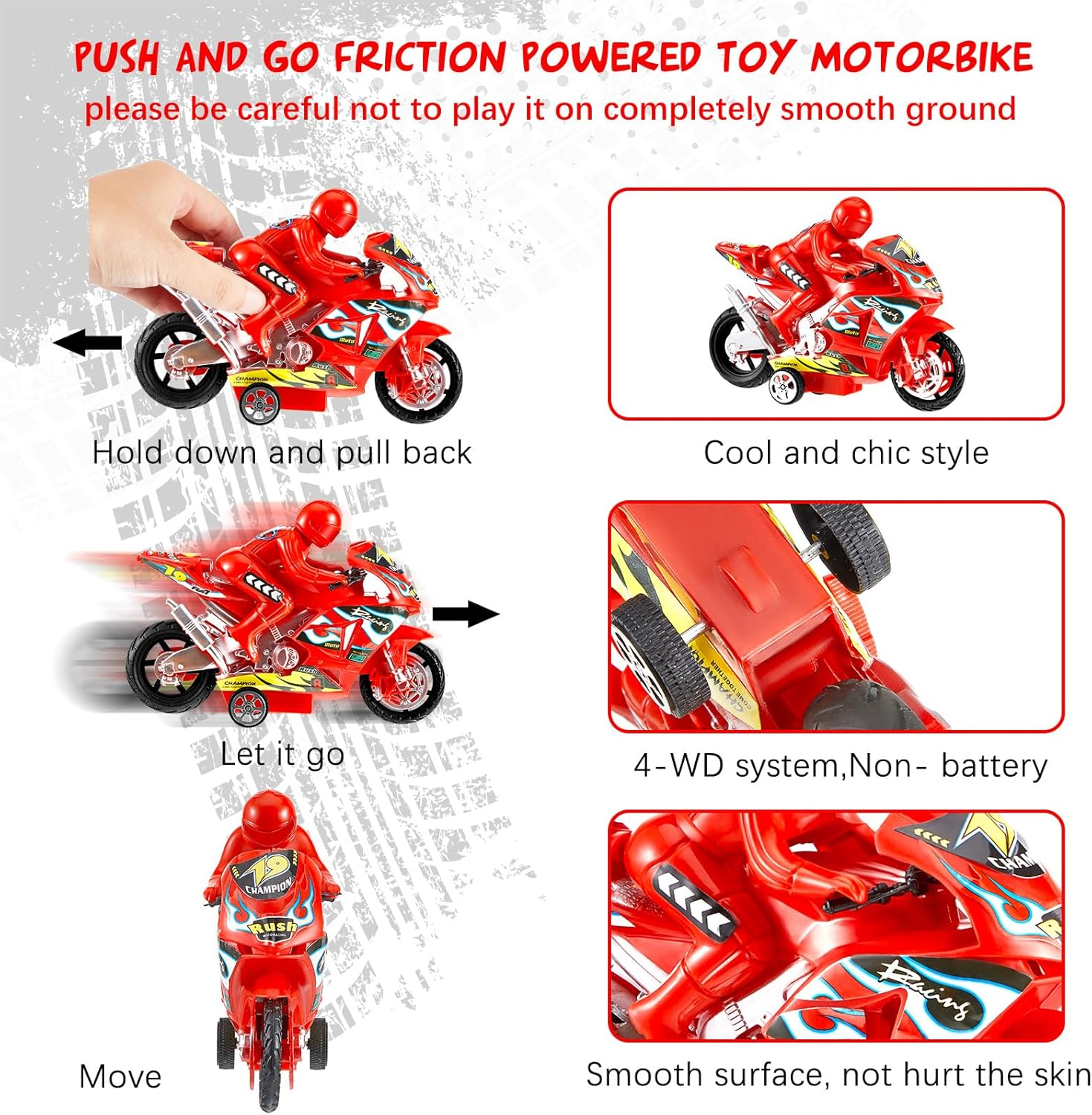 Civaner 4 Pieces Motorcycle Toys Set Miniature Motorbike Toys Plastic Friction Motorcycles Push and Go Friction Powered Toy Motorbikes for Birthday Party Favors Supplies Cake Toppers, Random Colors image number 2