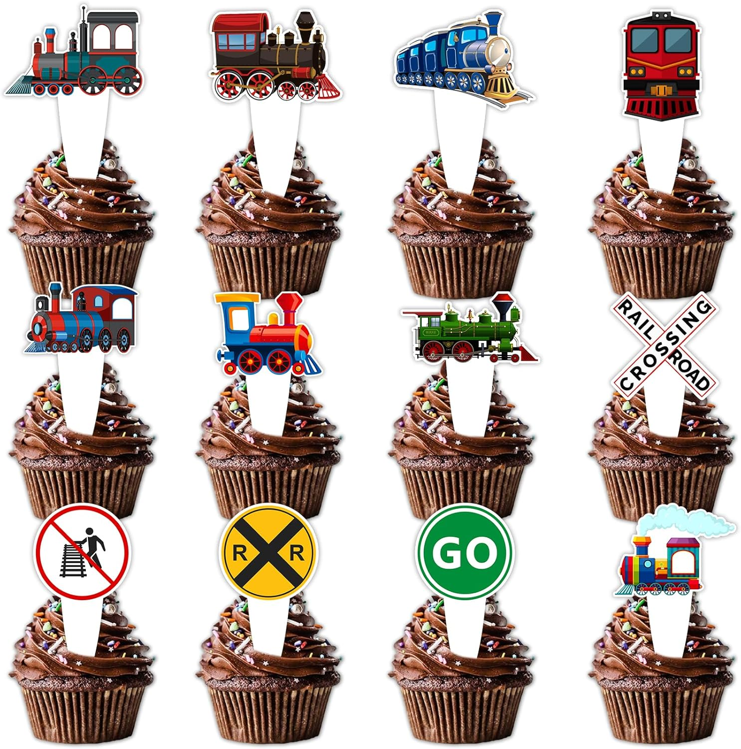 Dessert Cupcake Topper Cheer to Transportation Train Railroad Crossing Theme Decor Supplies Baby Shower Children Boy Girl Happy Birthday Party Decorations Set 24Pcs image number 3