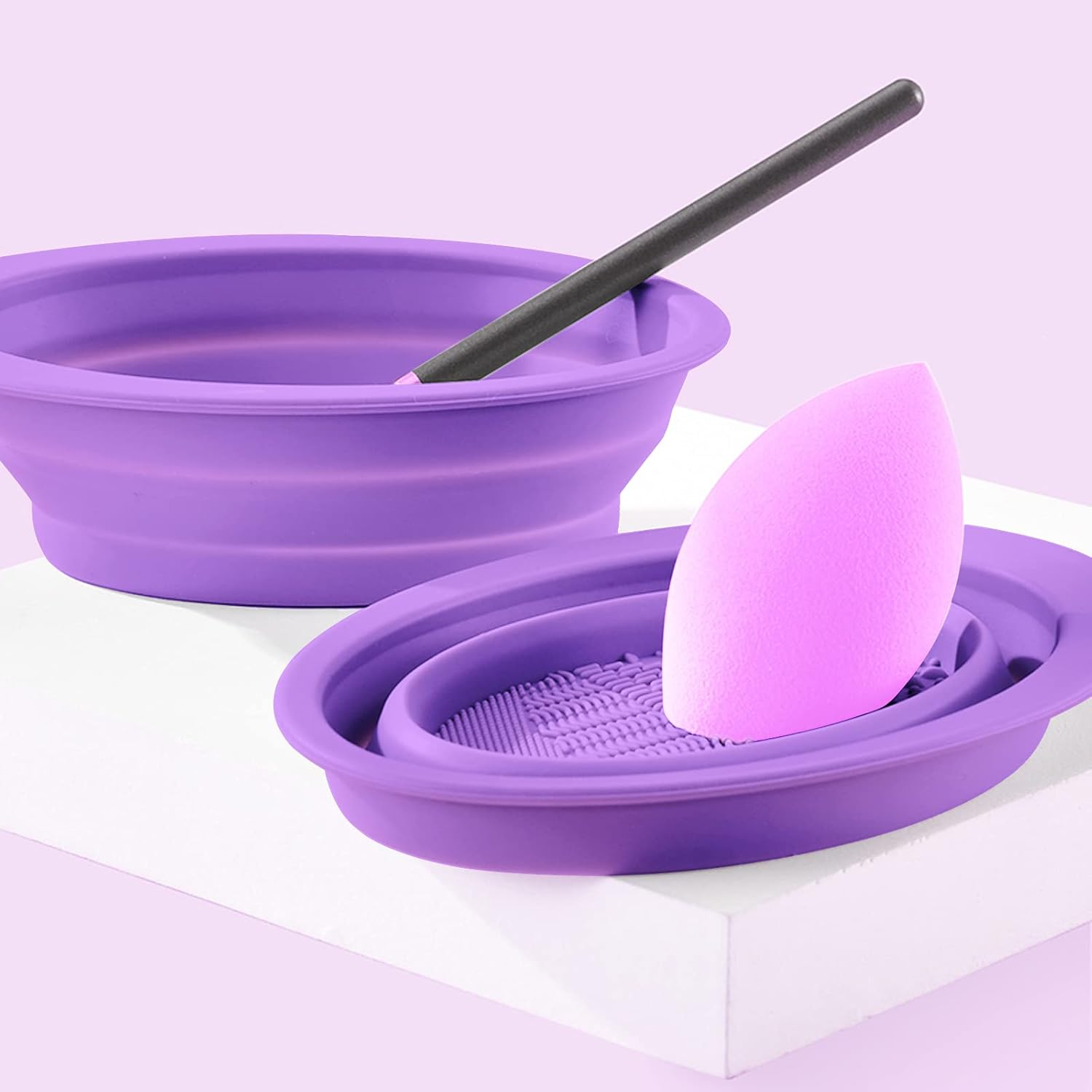 (Purple) - Silicone Makeup Brush Cleaning Mat, Cosmetic Brush Cleaner, Brush Cleaning Pad, Foldable Makeup Brush Cleaning Bowl, Suitable for Makeup Brush, Makeup Sponge, Powder Puff (Purple) image number 2