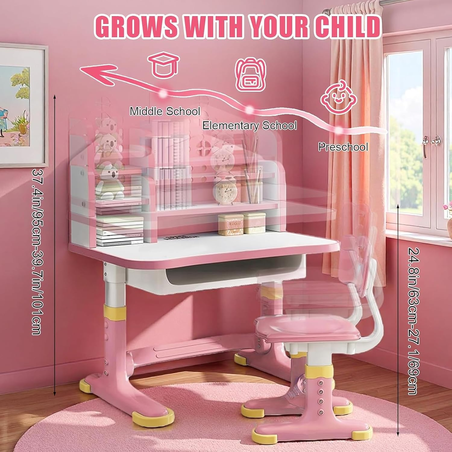 Kids' Desk Chair Sets,Adjustable Height Children Kids Study Desk and Chair Set, Multifunctional School Student Writing Study Table and Set with Storage Drawer,Pink image number 1