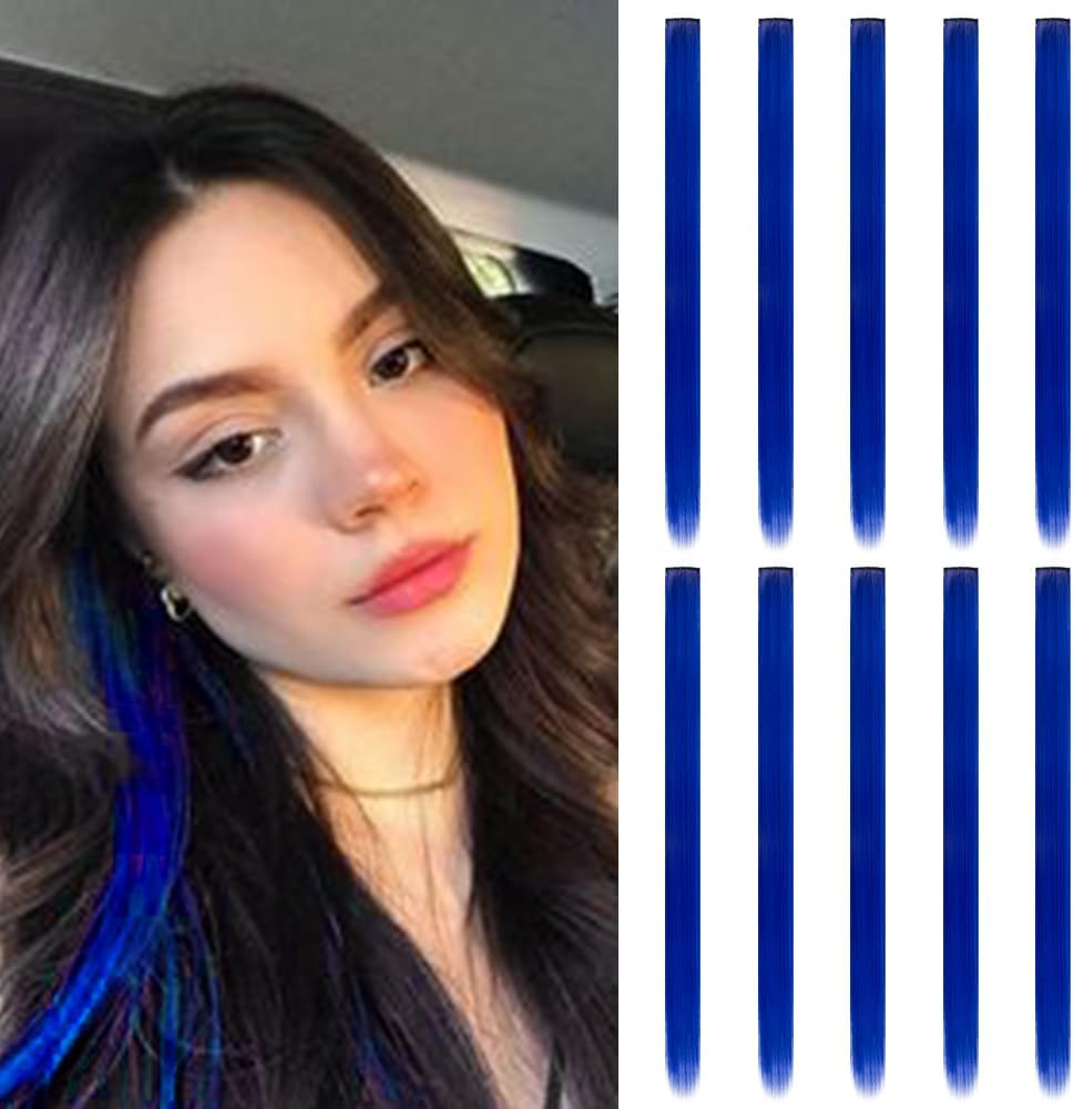 (Blue) - 50Cm Coloured Clip in Hair Extensions 10Pcs Straight Hair Synthetic Hairpieces for Party Highlight Blue image number 2