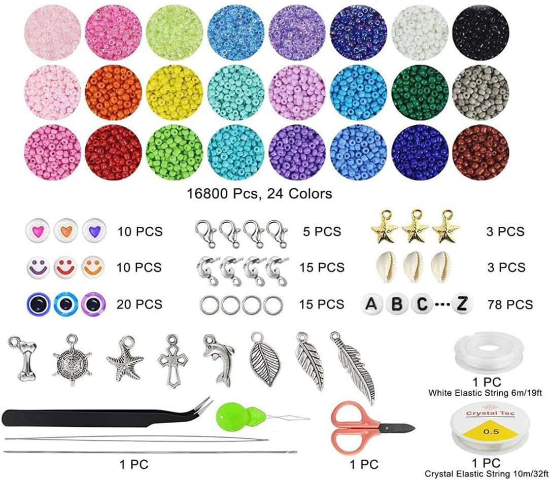 Bracelets Making Kit,24 Colors 16800Pcs Seed Beads with Pendant Charms Kit Letter Beads and Elastic Strings for DIY Craft, Bracelets, Necklace, Making Kit, Hand Making