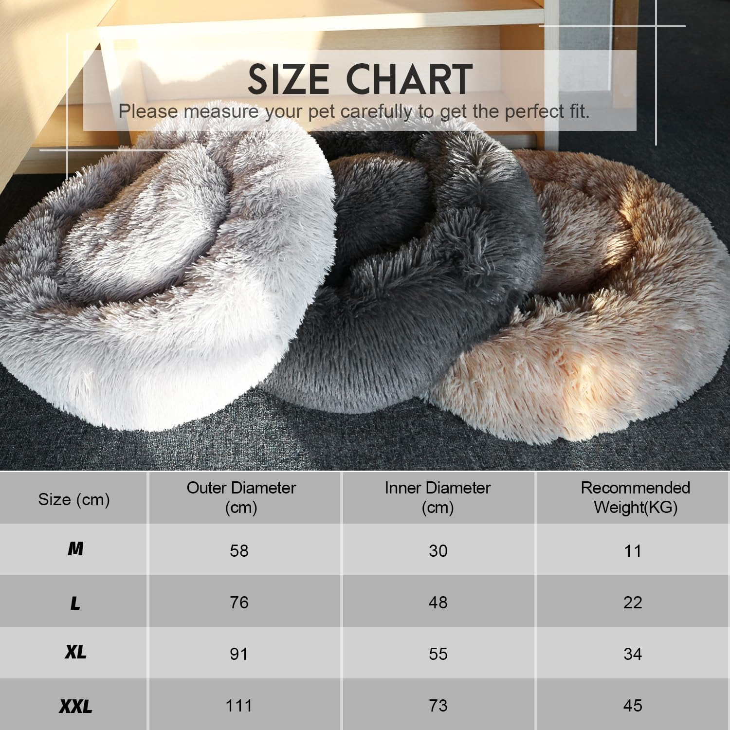 Dog Calming Donut Bed, Fluffy Plush Pet Bed Pillow Sofa Bed for Medium Large Dogs Cats, anti Anxiety Pet Bed Cuddle round Cushion with Non-Skid Bottom Washable, 80CM, Deep Grey image number 3