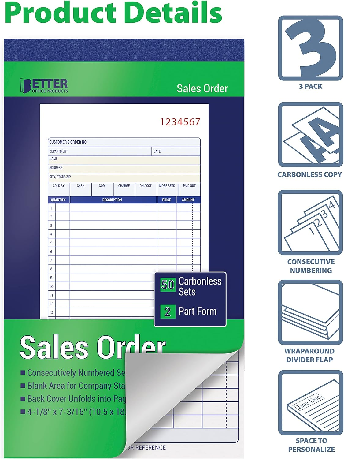 Better Office Products Sales Order Books, 3 Pack, 2-Part Carbonless (White/Canary Yellow), 4-1/8 X 7-3/16 Inches, by , 50 Sets per Book, 150 Total Sets, 3 Books image number 2