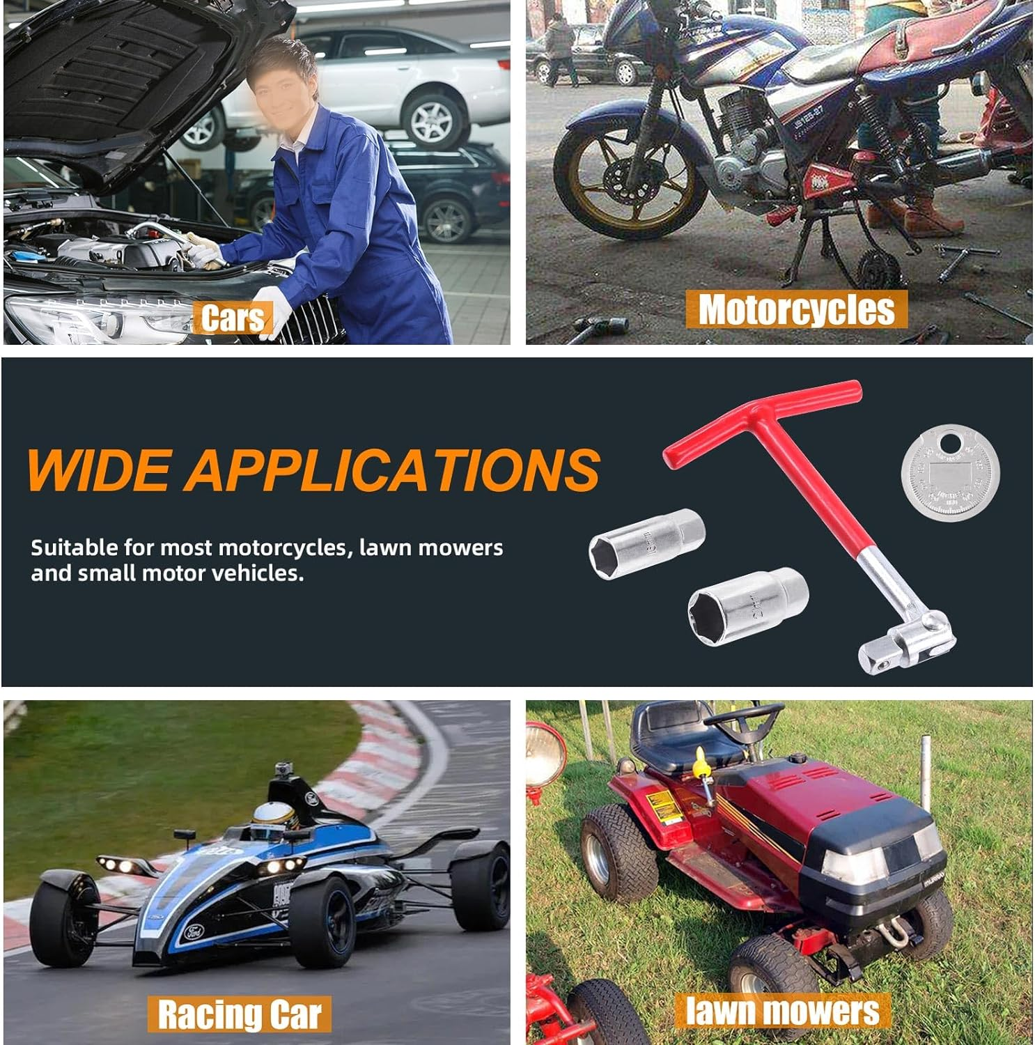 4Pcs Professional T-Handle Spark Plug Socket Wrench with 16Mm(5/8") 21Mm(13/16") Spark Plug Socket and Spark Plug Gap Gauge, Universal Joint Spark Plug Removal Tool Set for Lawn Mower Vehicle