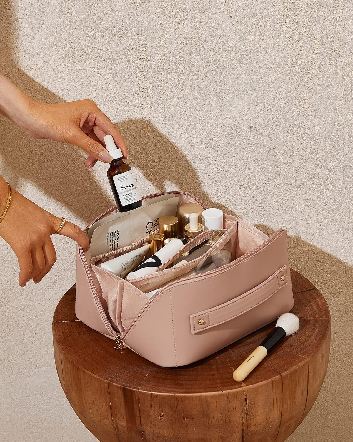 Travel Makeup Bag, Large Capacity Cosmetic Bags for Women, Waterproof Portable Pouch Open Flat Toiletry Bag, Make up Organizer with Divider and Handle (Pink) image number 3