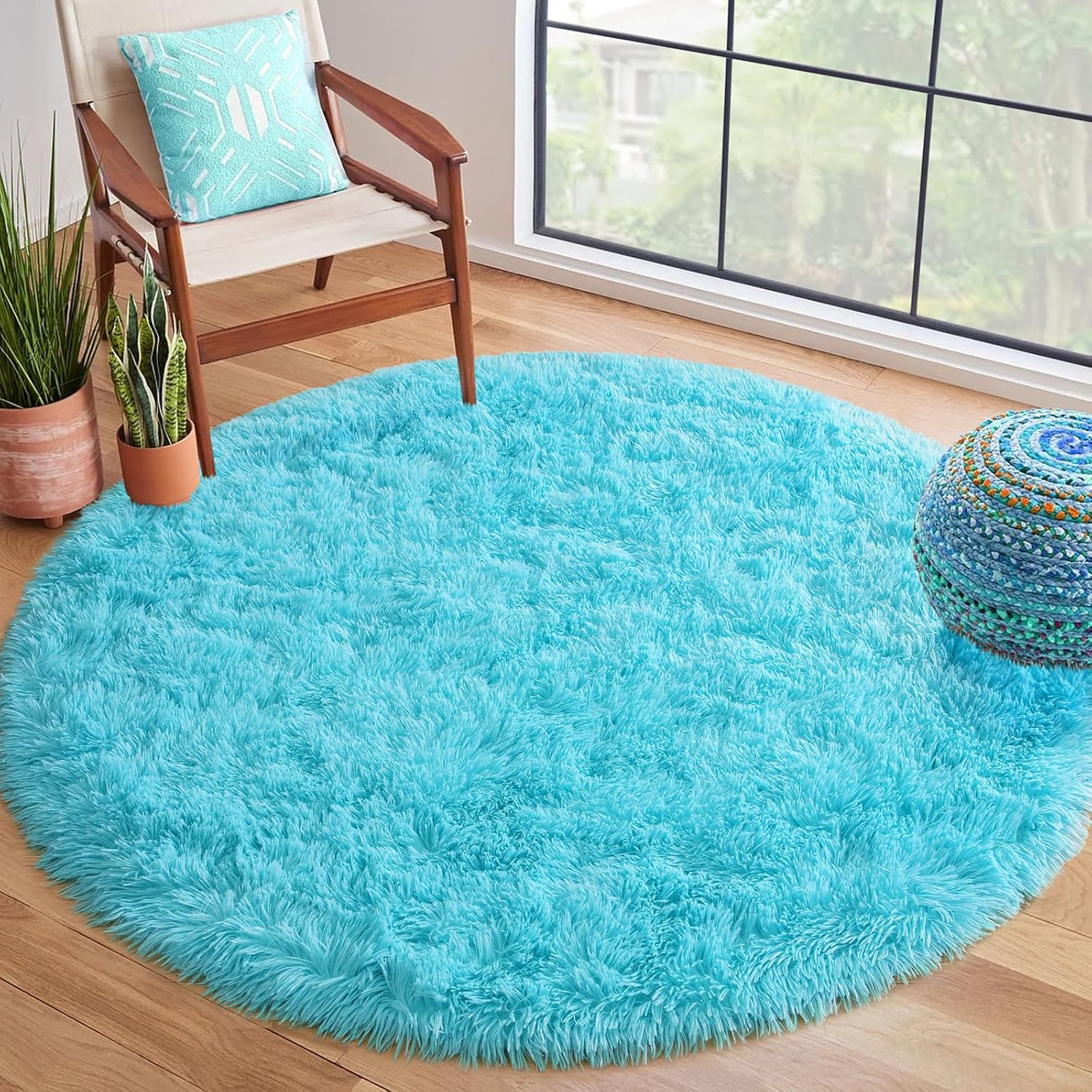 Terrug round Rugs for Living Room Bedroom, 5X5 Feet Modern Fluffy Shag Washable Area Rug, Non-Slip Cute Plush Circle Rug Carpet for Nursery Room Kids Boys Girls Dorm Home Decor, Pink