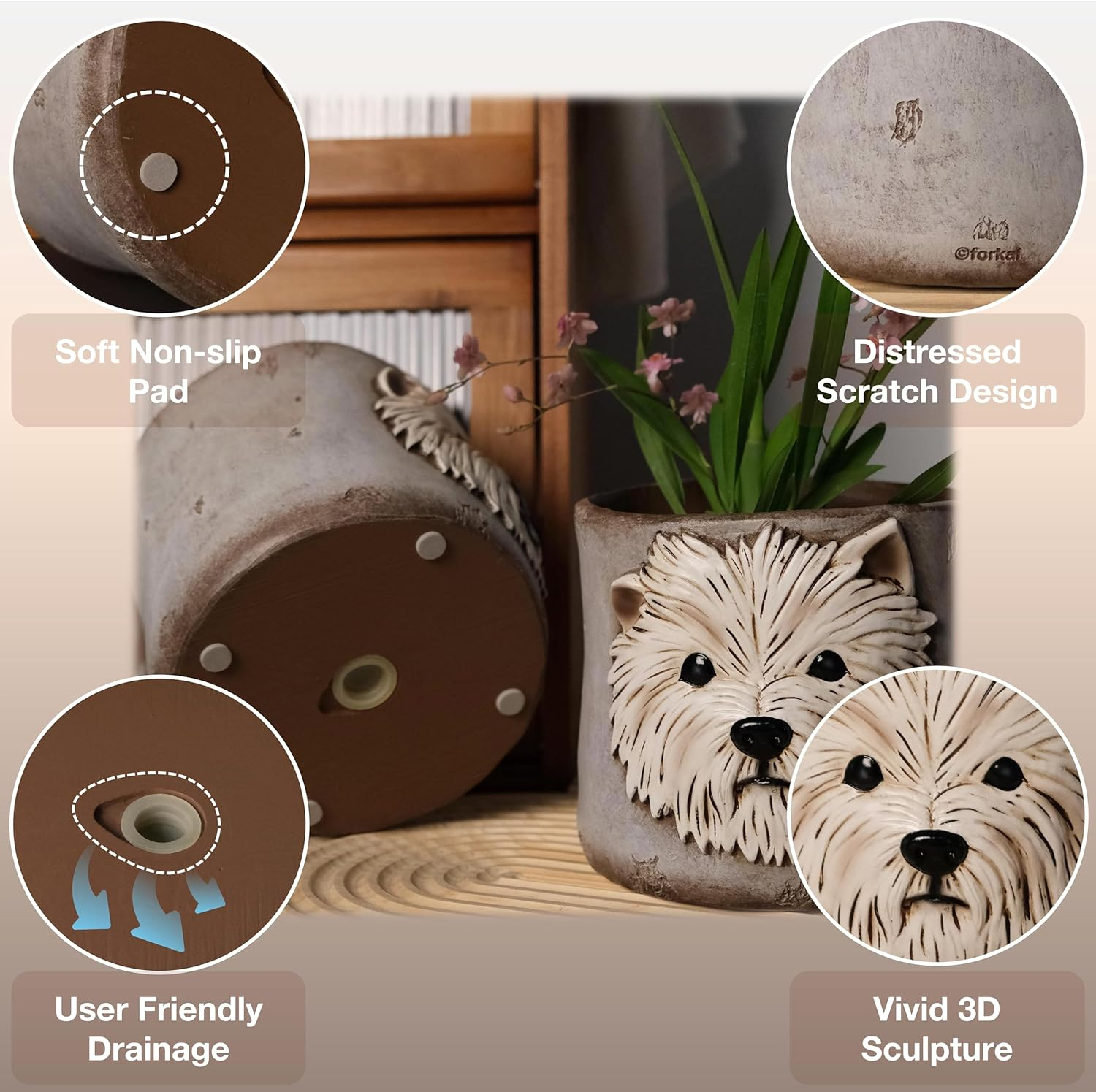 Westie Dog Planters for Indoor Plants, 6 Inch Resin Dog Face Plant Pots for Garden Decor, Succulent Pots with Drainage Hole, Ideal Present for Plant Lovers image number 5