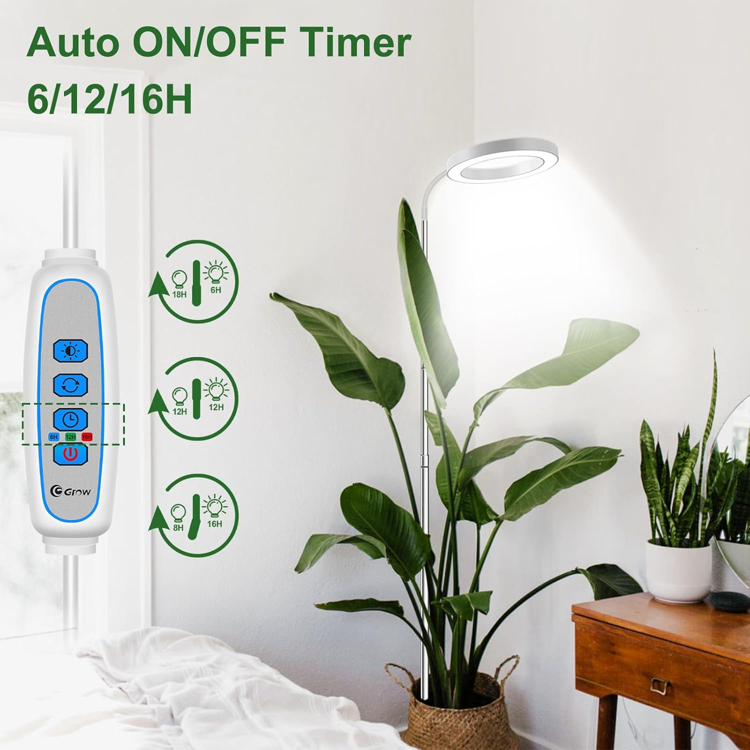 Wolezek LED Plant Lamp, 80 Leds, 6500 K, Full Spectrum, 160 Cm Large, 3 Colours, 5 Brightness Levels, 360&deg; Gooseneck, 6/12/16 Hour Timer, Height Adjustable, White