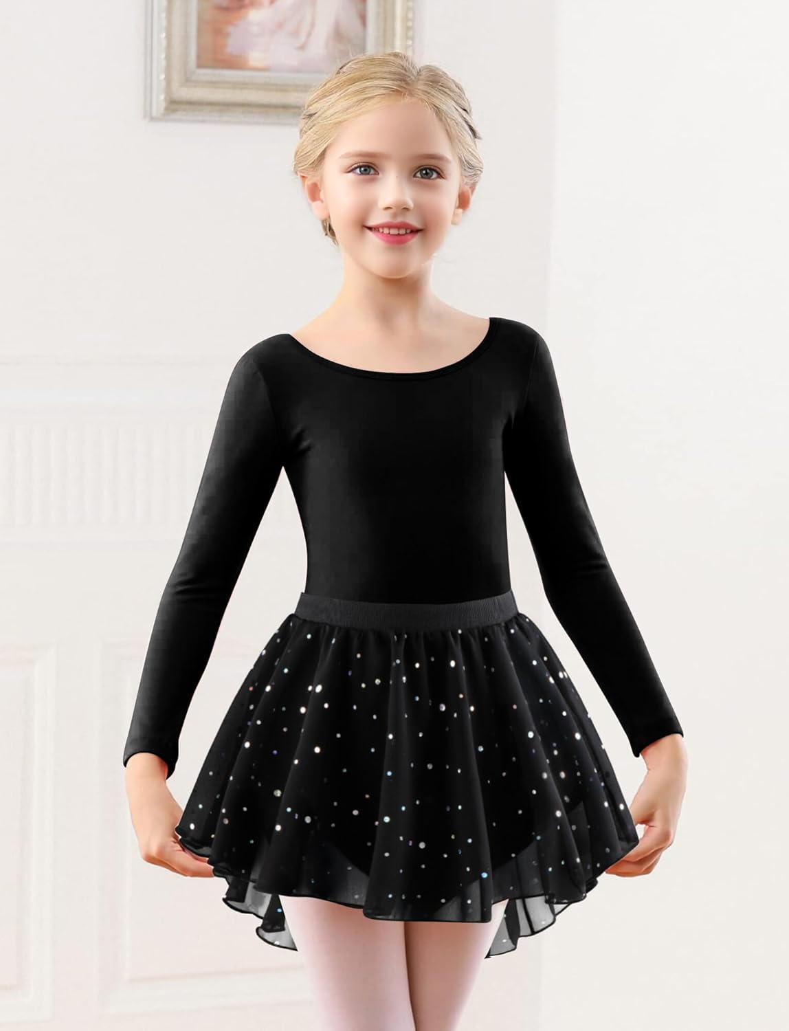 KEOYA Girls Dance Leotards Long Sleeve Ballet Outfits Dance Skirted Leotard Kids Ballet Tutu Dress for 3-11 Years image number 5