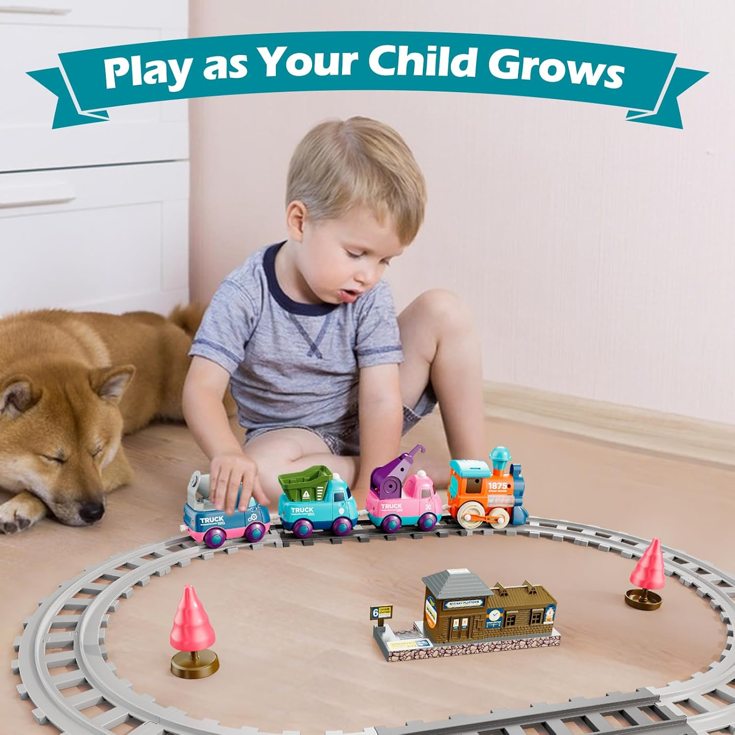 Train Set for Toddlers, Magnetic Train Toys for Toddlers 3+, 4Pcs Trucks Toy Train for Boys and Girls, Birthday Christmas Toy Gifts for 3 4 5 6 7 8 Years Old
