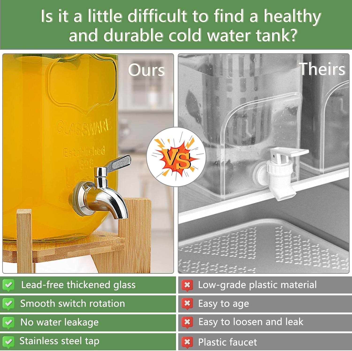 8L Glass Drink Dispenser with Cover Wide Mouth Iced Drink Jar with Tap Iron Holder, for Juice Water Homemade Tea Drinks (8L Glass with Bamboo Stand) image number 6