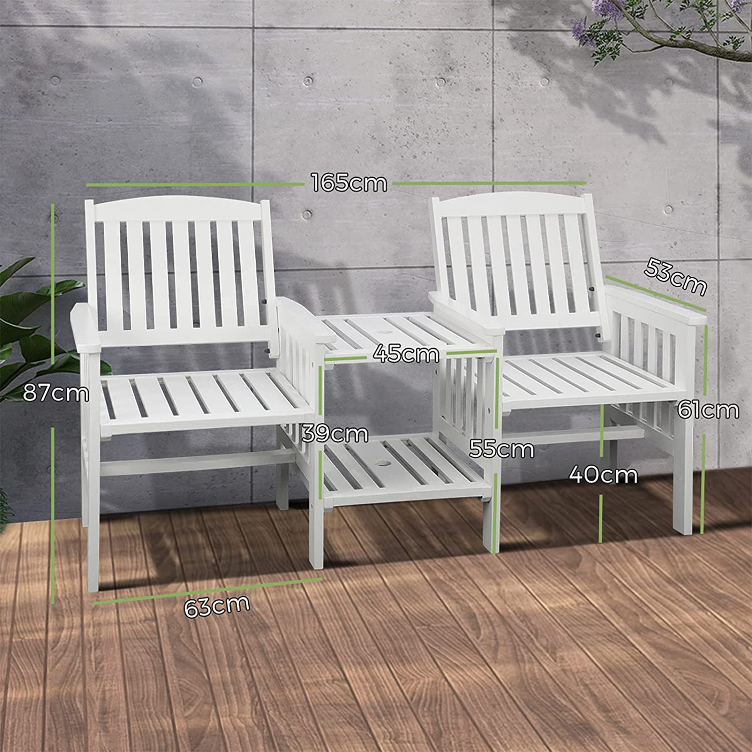 Livsip Outdoor Chair Wooden Garden Bench 2 Seat Table Loveseat Patio Furniture White - Charcoal image number 2