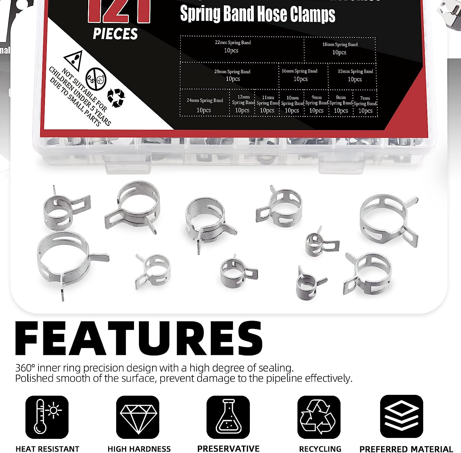 Hilitchi 121Pcs 12 Sizes Spring Band Hose Clamp Kit, 7MM-22MM Low Pressure Air Clip Clamp with Hose Clip Pliers, Fuel Line Hose Clips Silicone Vacuum Hose Clamp Fastener - B Kit image number 6