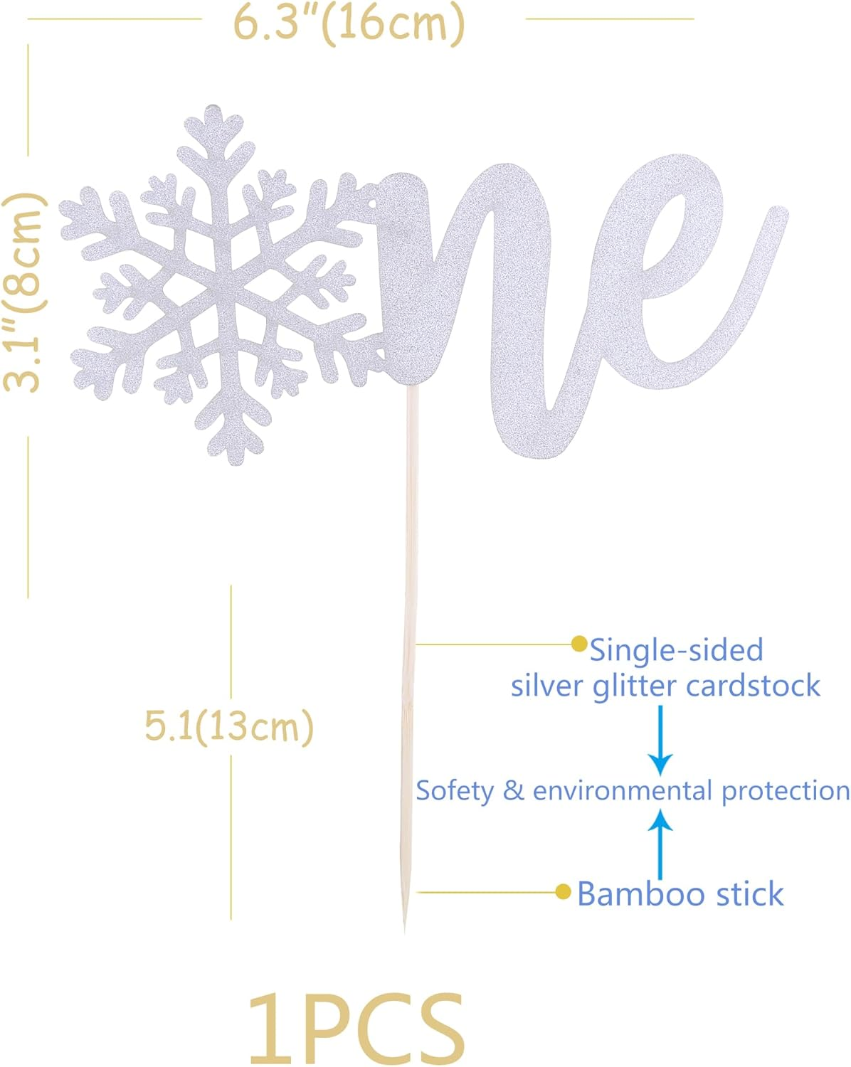 Snowflake One Cake Topper - Silver Glittery First Birthday Cake Topper, Winter Onederland Theme Baby'S 1St Birthday Party Cake Decorations Supplies image number 5