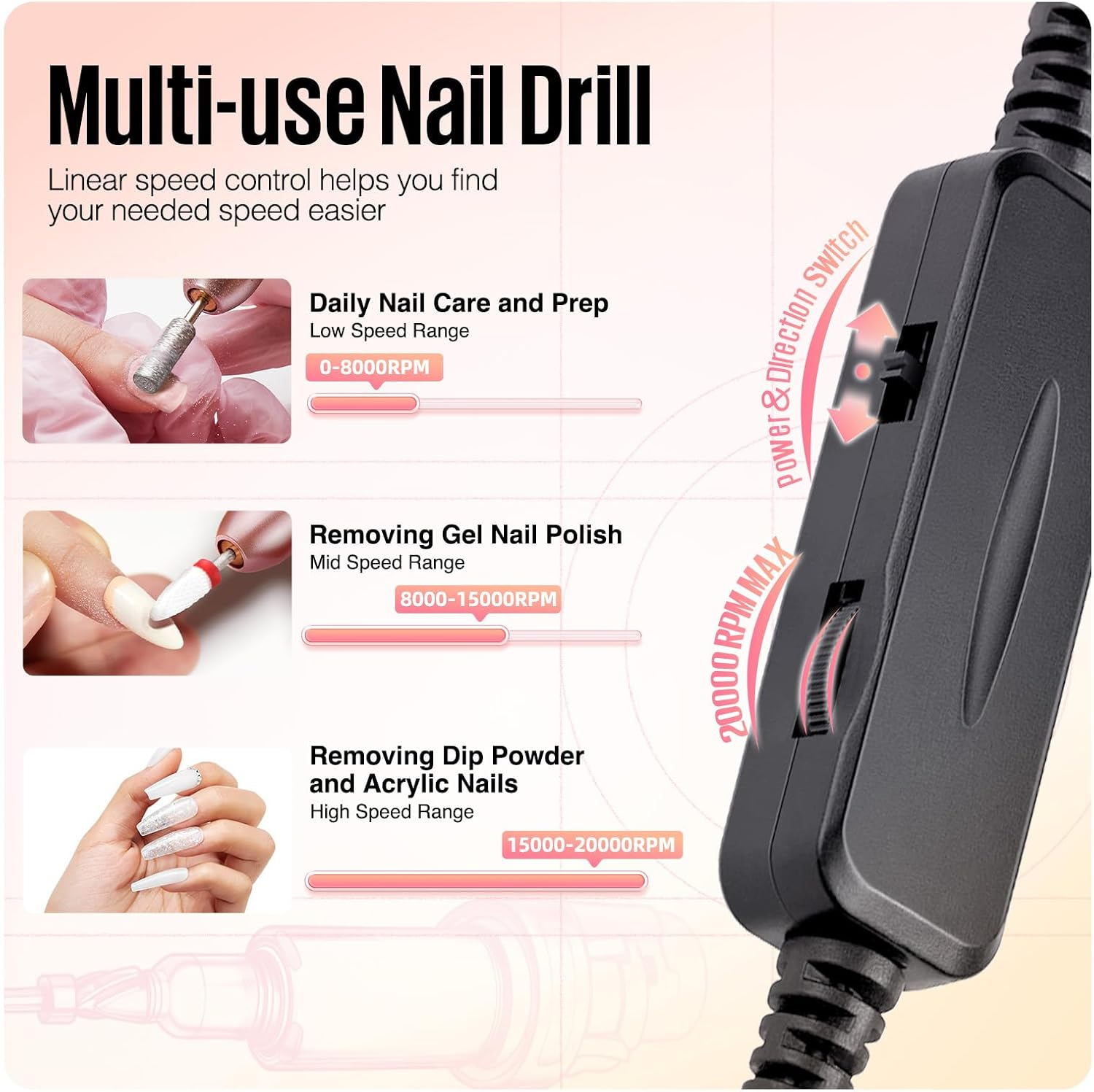 MEFA Nail Drill, 16 PCS Kit Electric Nail Drill with Nail Drill Bits & Cuticle Oil Pen, Portable Electric Nail File Professional, 20000RPM Manicure Pedicure Nail Set Efile Nail Drill for Home Salon image number 2