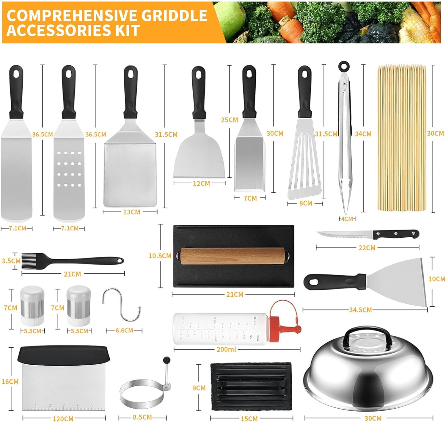 45 Pcs BBQ Kit, BBQ Utensils, Smoker Accessories, Stainless Steel BBQ Tools Set with 2 Basting Cover, Griddle Spatulas, Flat Top, Scraper, Meat Press for Outdoor, Camping, Backyard, Camping image number 6