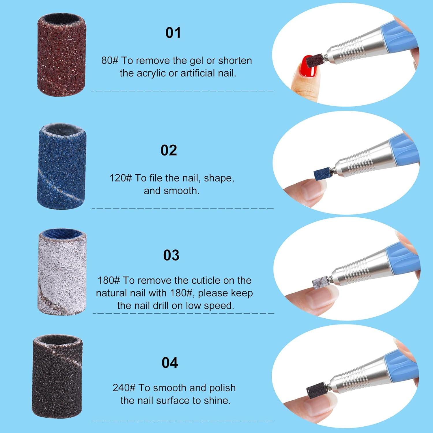Xinyee 400Pcs Sanding Bands with 2 Nail Drill Bits for Manicure Nail Drill Machine 80# 120# 180# 240# Coarse Meduim Fine Grit 100Pcs for Each E-File Sand Set image number 3