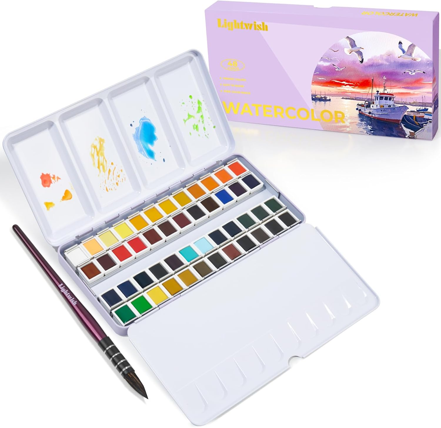 LIGHTWISH Watercolor Paint Set, 48 Colors Professional Watercolor Paint with Watercolor Brushes, Travel Watercolor Set for Artists and Crafters, Art Supplies for Adults image number 1