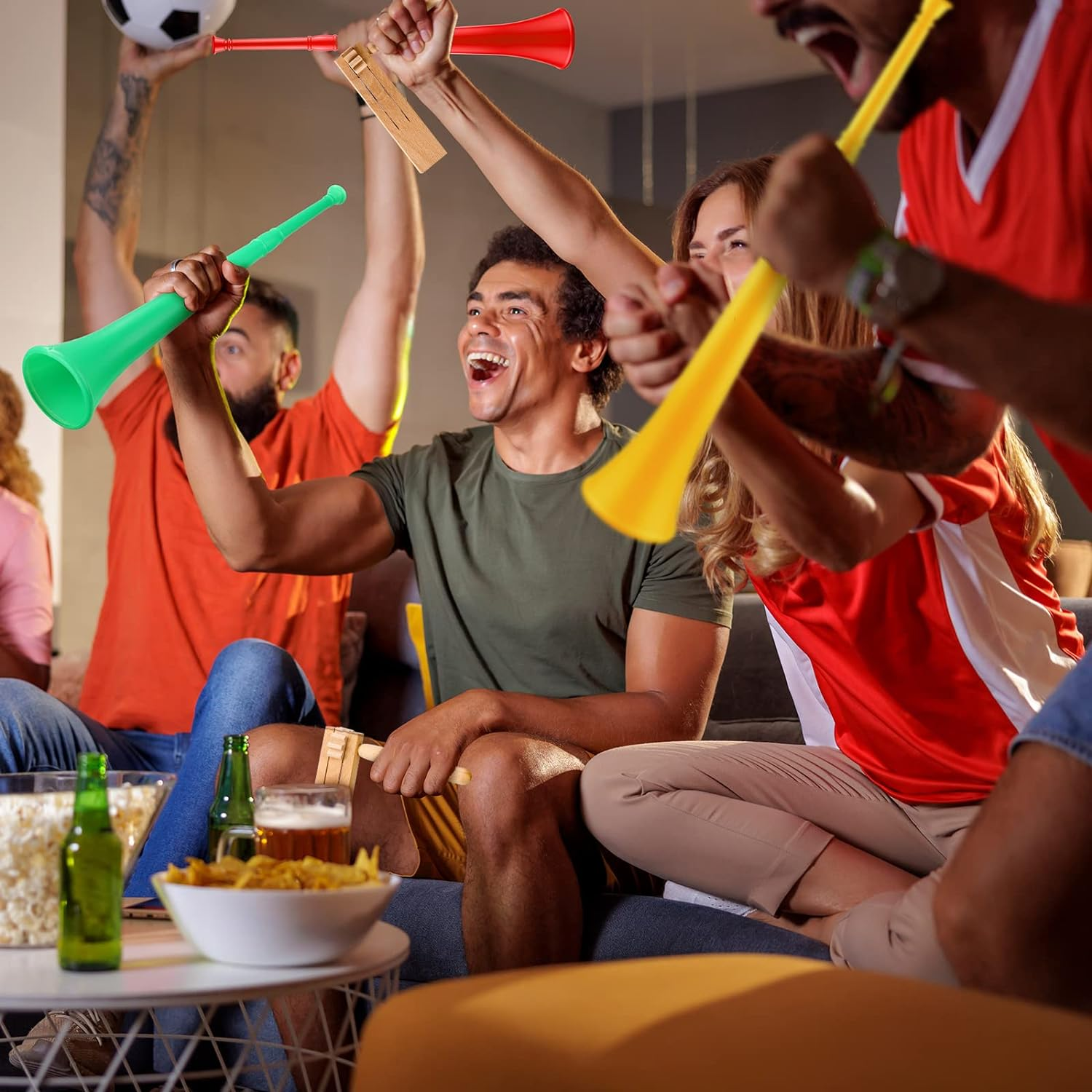 Outus 8 Pcs Noise Makers Includes 4 Pcs Matracas Wooden Ratchet Noise Maker 4 Pcs Vuvuzela Air Horn Collapsible Plastic Blow Horn Stadium Horn for Sporting Events Party Favor image number 3