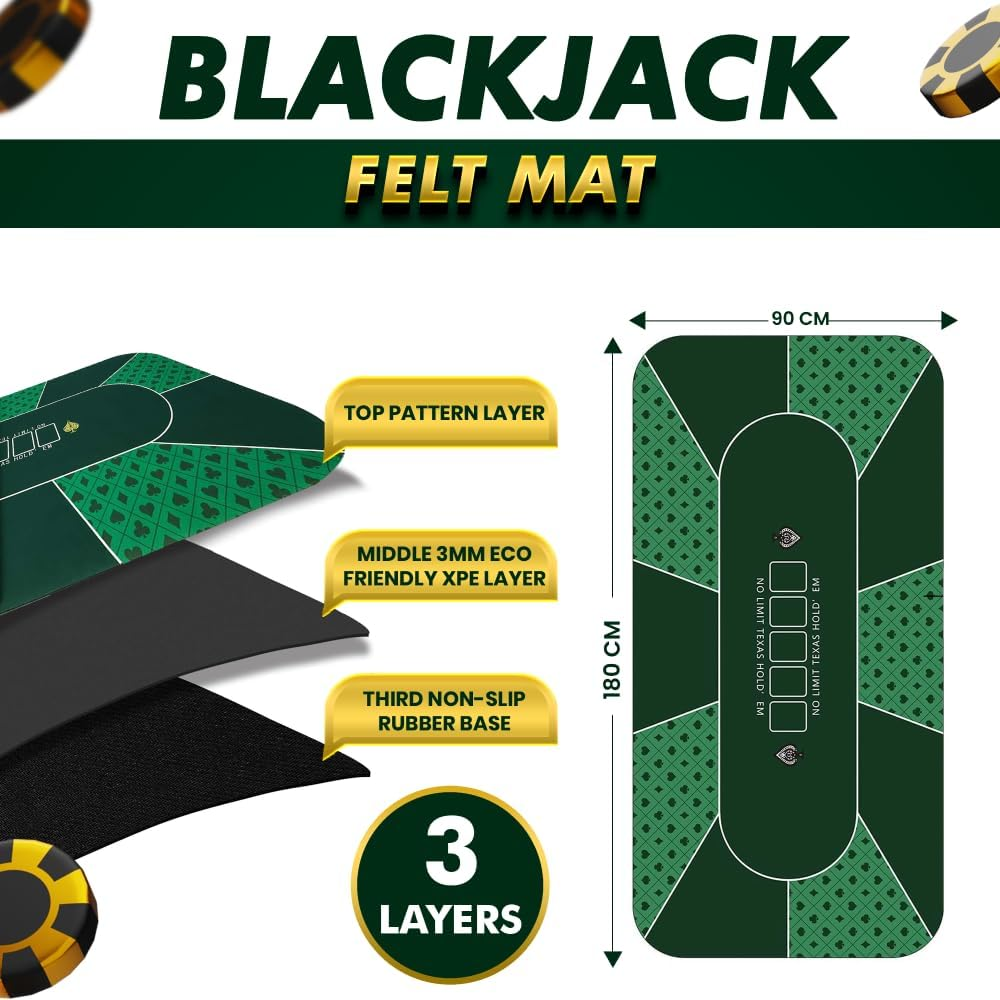 Poker Mat 70 X 35 Inch/180X90Cm - 8-10 Players Texas Hold'Em Poker Rubber Mat Poker Topper for Tables, Folding Portable Poker Table Top with Carrying Bag for Poker Games, Blackjack, Casino (Green) image number 3