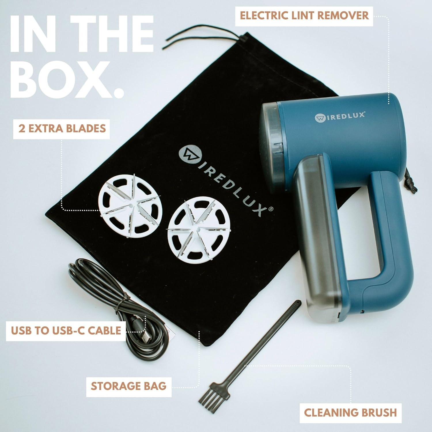 Electric Lint Remover Wiredlux - Rechargeable Fabric Shaver Bobble Remover for Clothes & Furniture - Adjustable 3-Speed, 6-Leaf Blade, LED Display, USB Charging